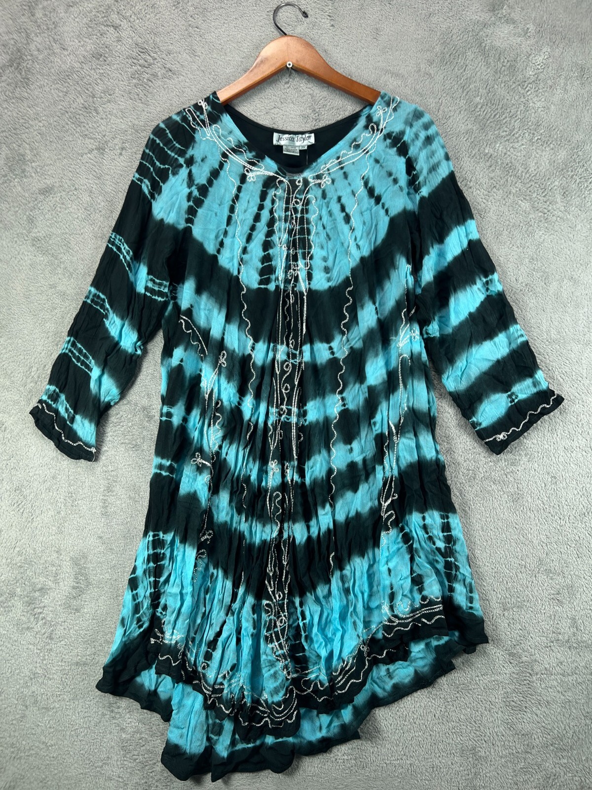 Jessica Taylor Womens 3X Umbrella Dress Turquoise Black Tie Dye Embroider LS NWT