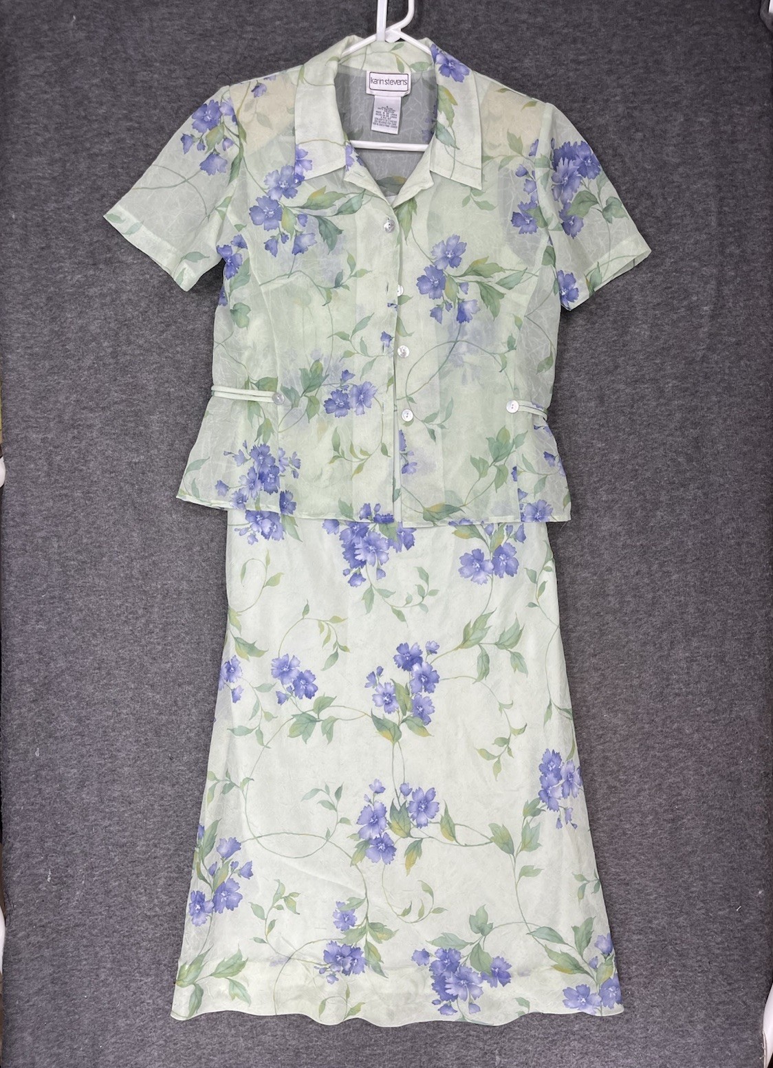 Vintage Karin Stevens Midi Dress & Jacket Set Size 8 Green Floral Sheer Lined