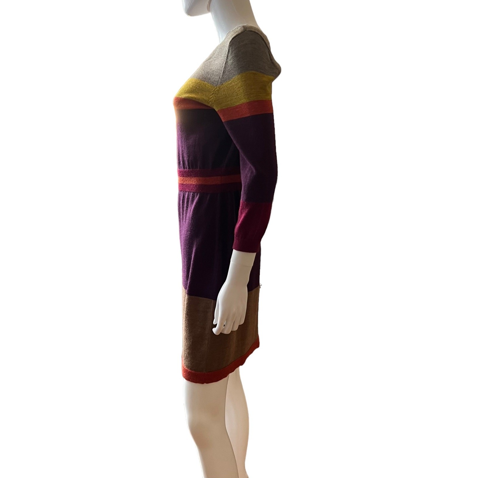 Loft Purple Orange Camel Striped A-Line 3/4 Sleeve Sweater Dress M