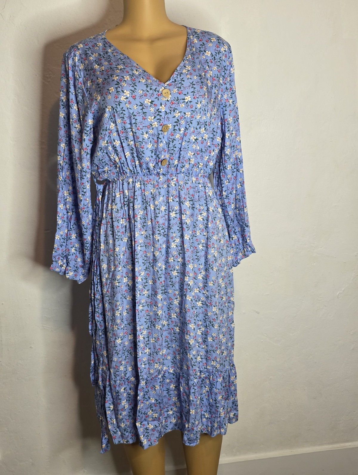 Blue Floral A-Line Midi Dress, V-Neck Long Sleeve Button Front, Size L