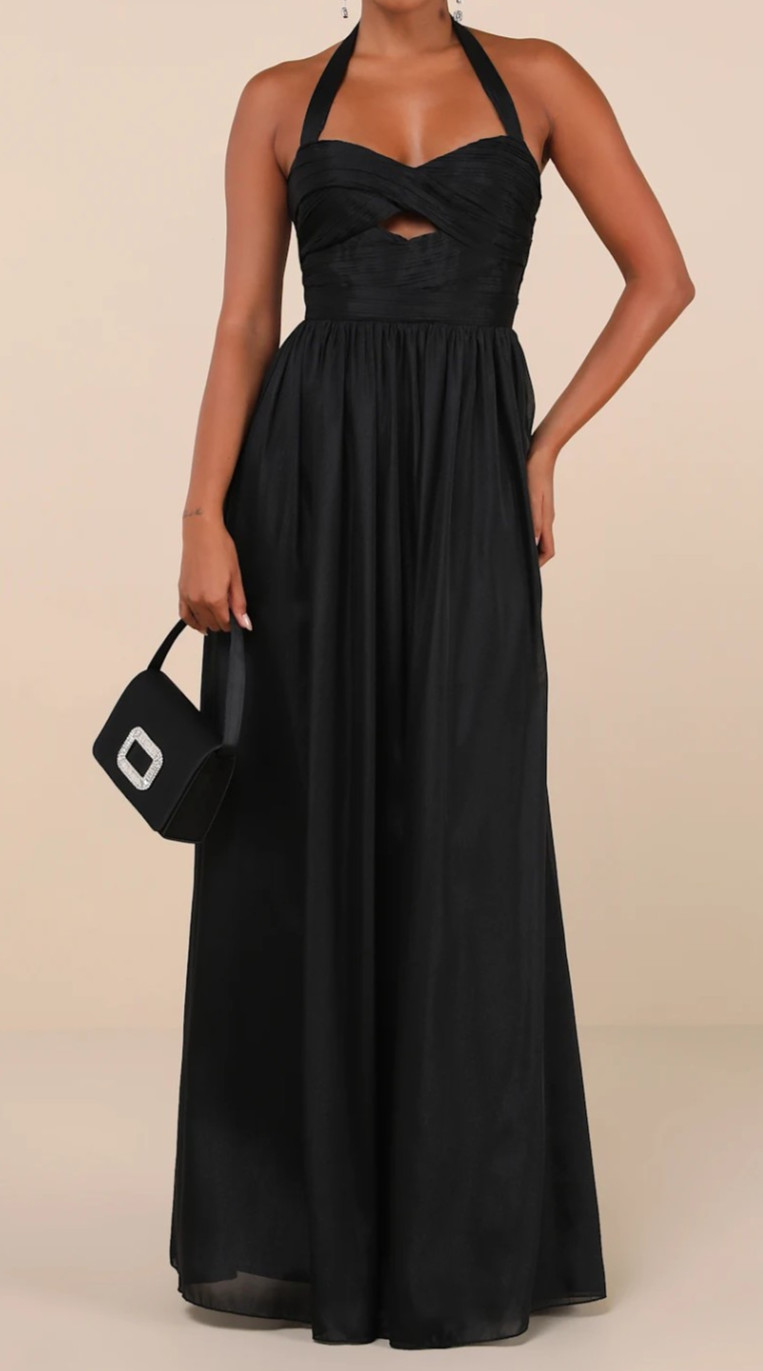 Lulus Black Halter Maxi Dress, S, NWT, Orig $99, Chiffon Gown, Party, Wedding