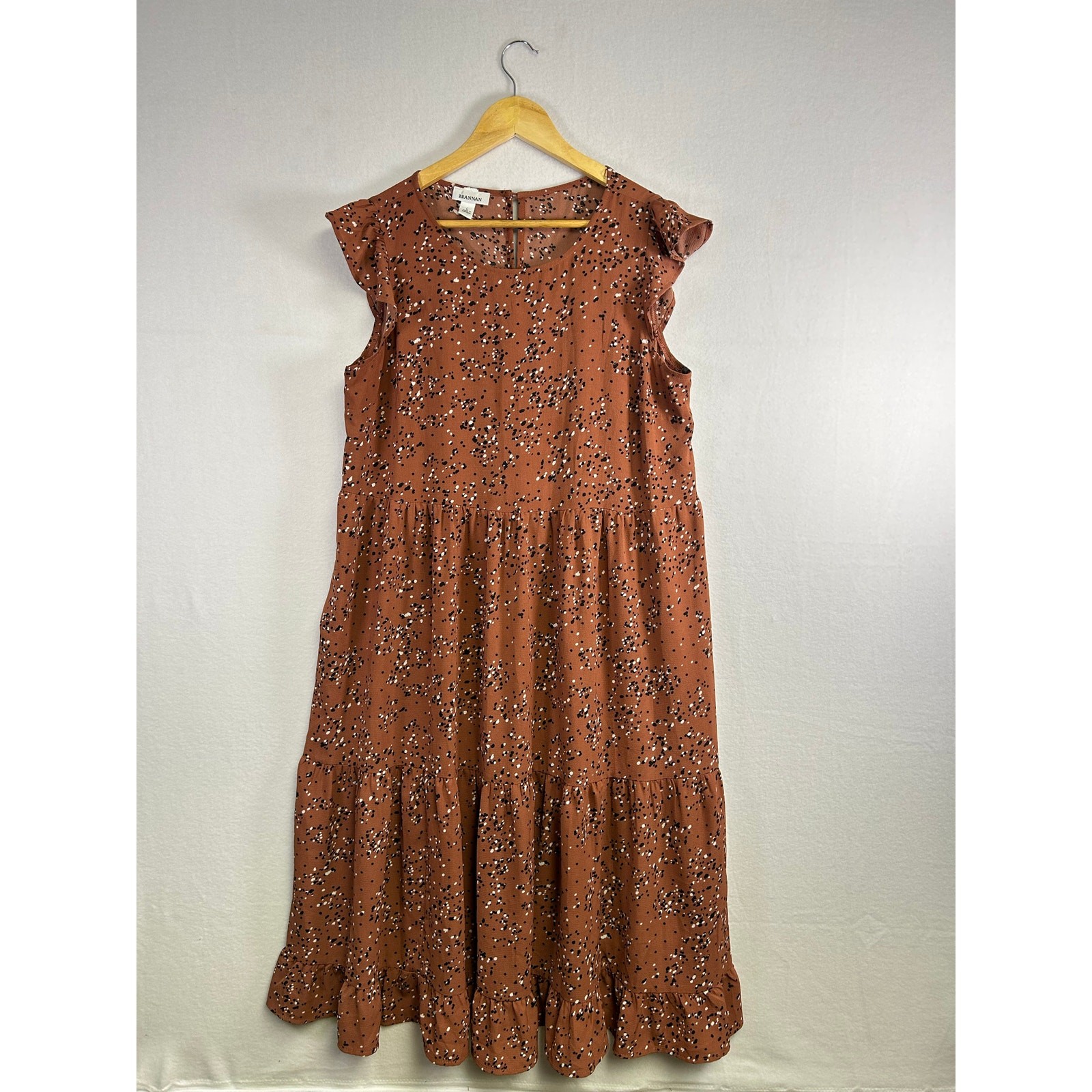 Boho Feminine Brannan Brown Dress – Rust with Black & White Dots, Size L