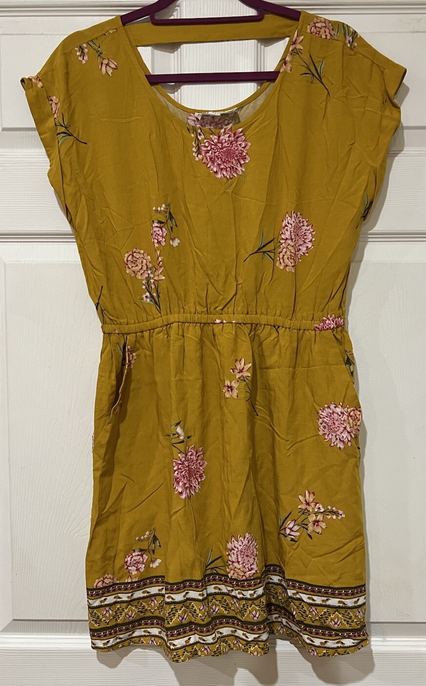 Pink Rose Floral Mini Dress Size Large Pockets Back Cut Out Elastic Waist