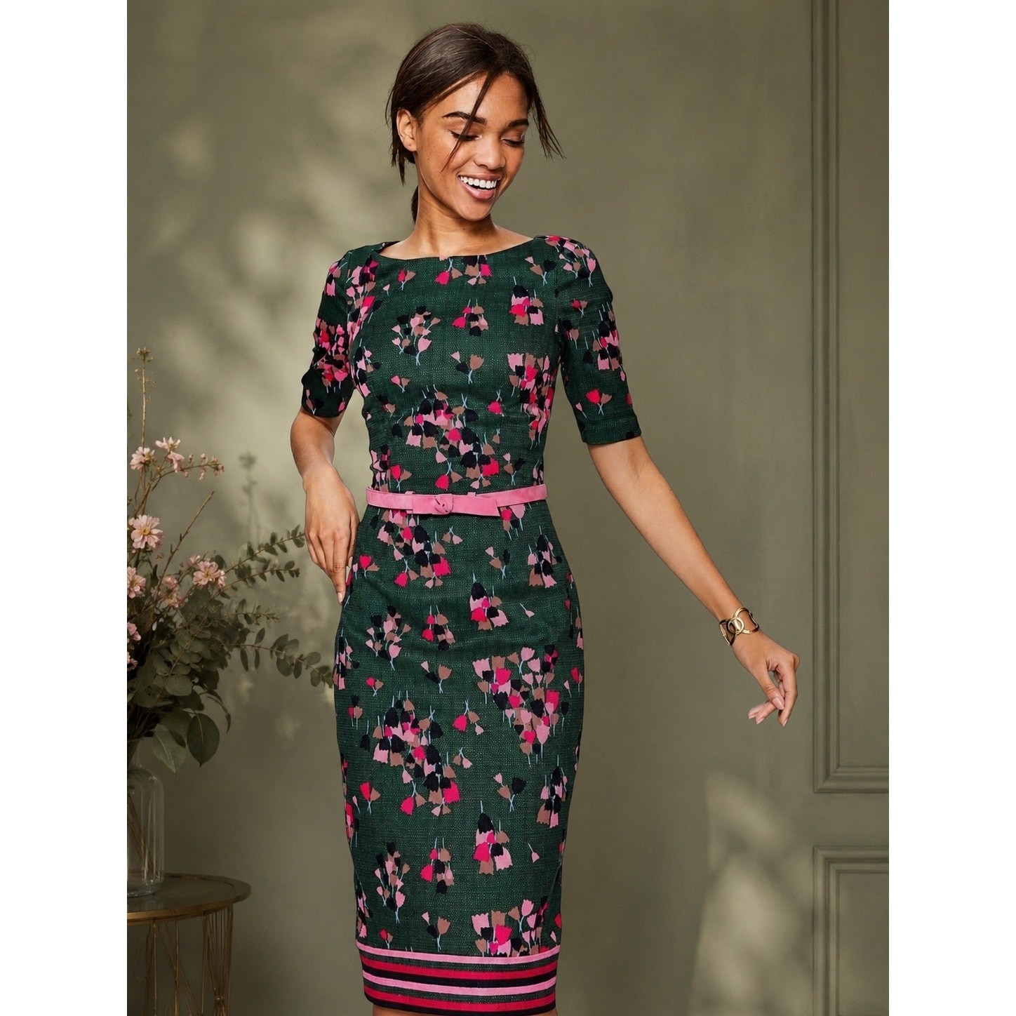 Boden Green Pink Floral Tulip Career Shift Dress Textured Cotton US 6R Romantic
