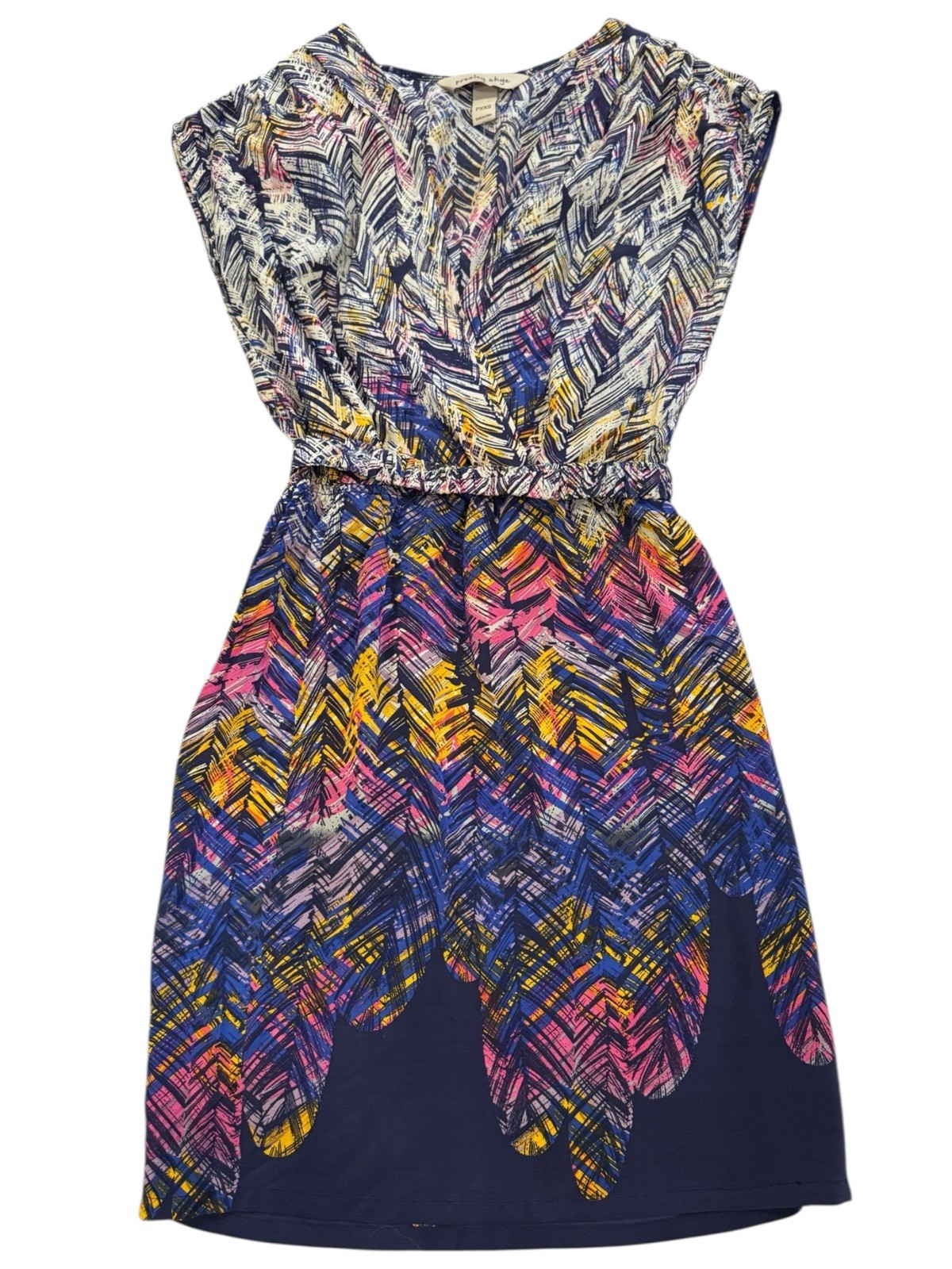 Presley Skye Women’s Petite Feather Pattern Colorful Silk V-Neck Dress Size XXS