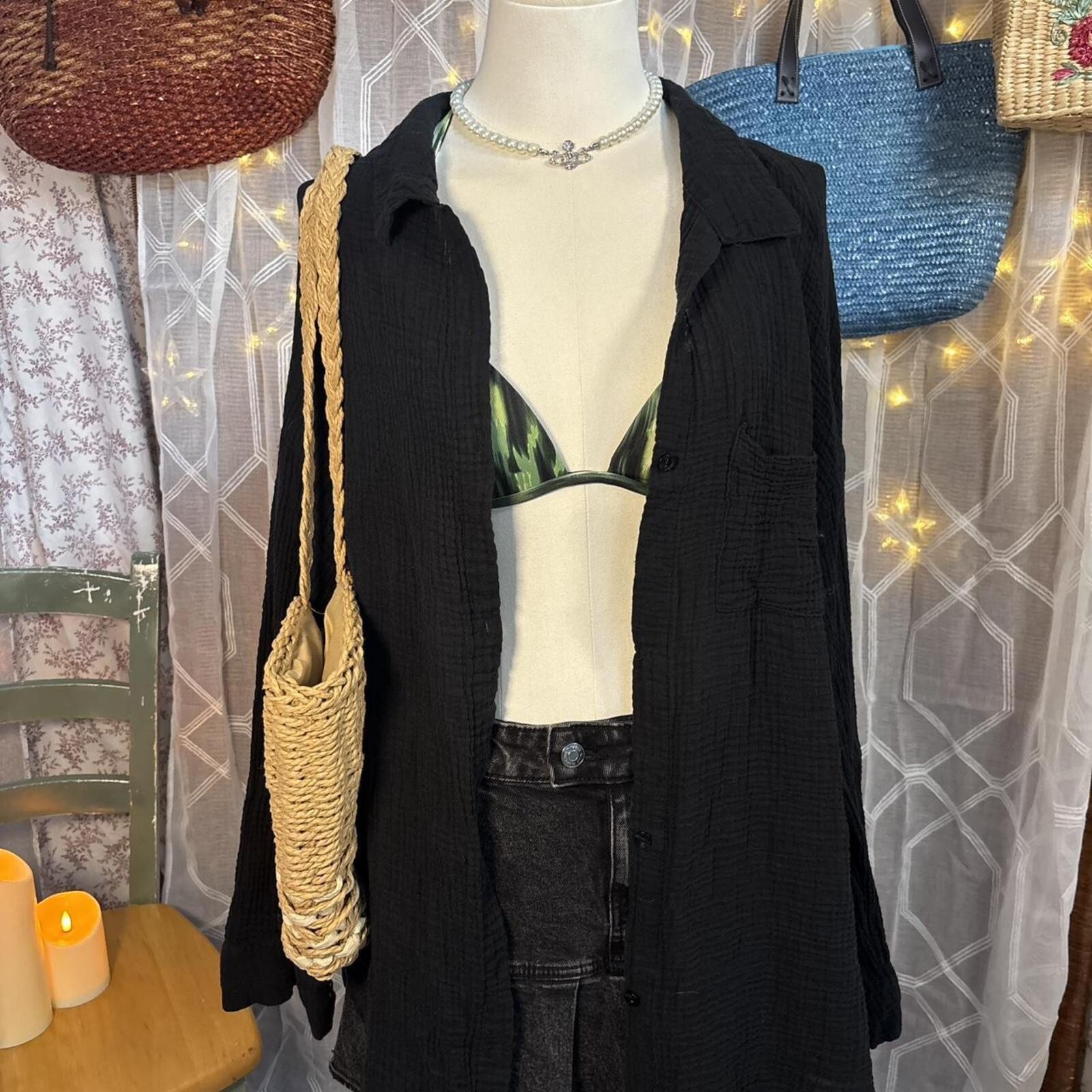 Shade & Shore Black Cotton Gauze Beach Cover Up Shirt Dress Boho Resortwear