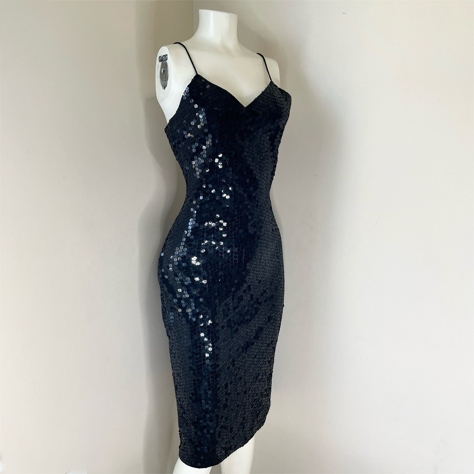 Vintage Sho Max Originals Womens Sequin Midi Dress Size L Black Sleeveless