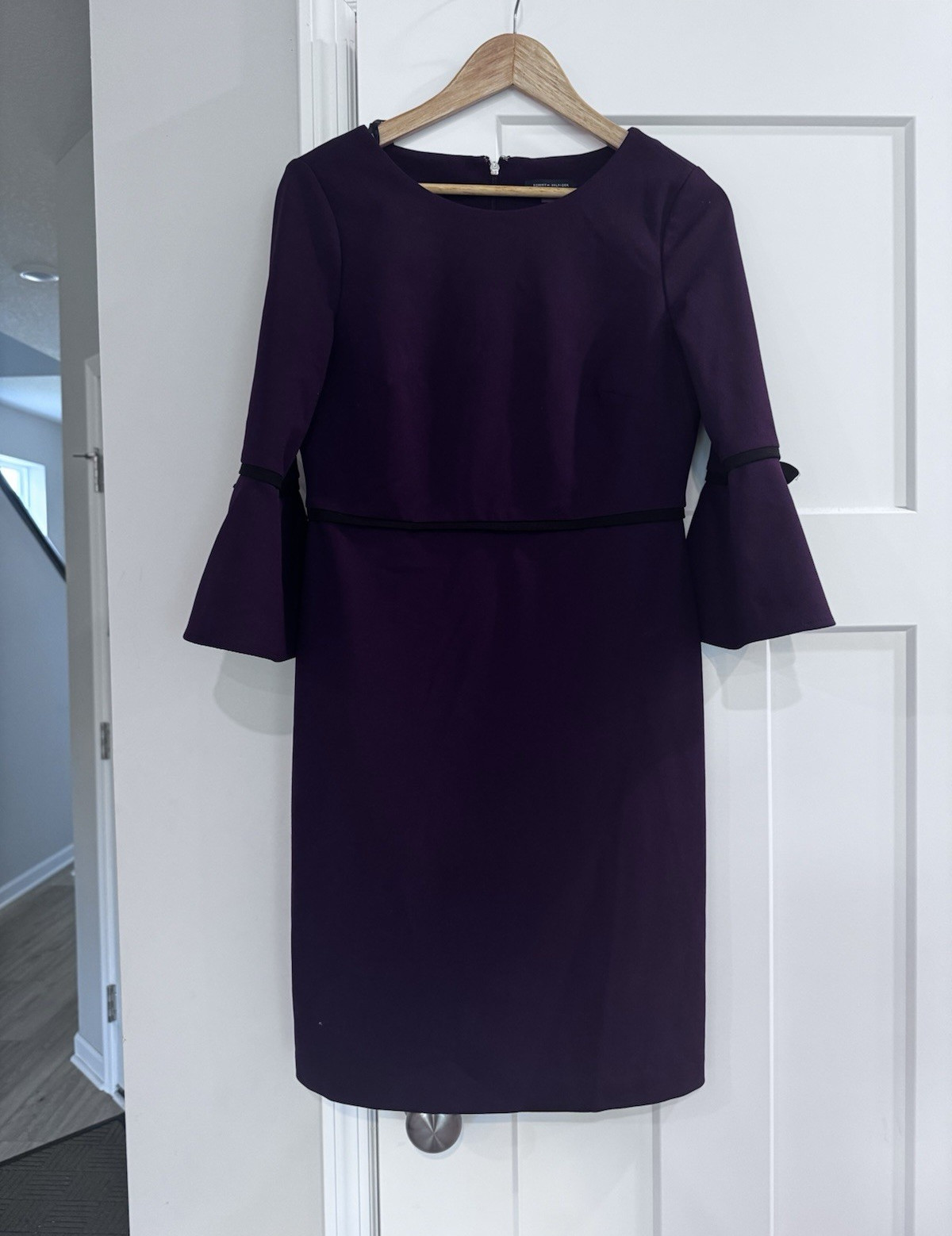 Tommy Hilfiger Women’s Purple/Black Sheath Dress Tie Bell 3/4 Sleeve, 8