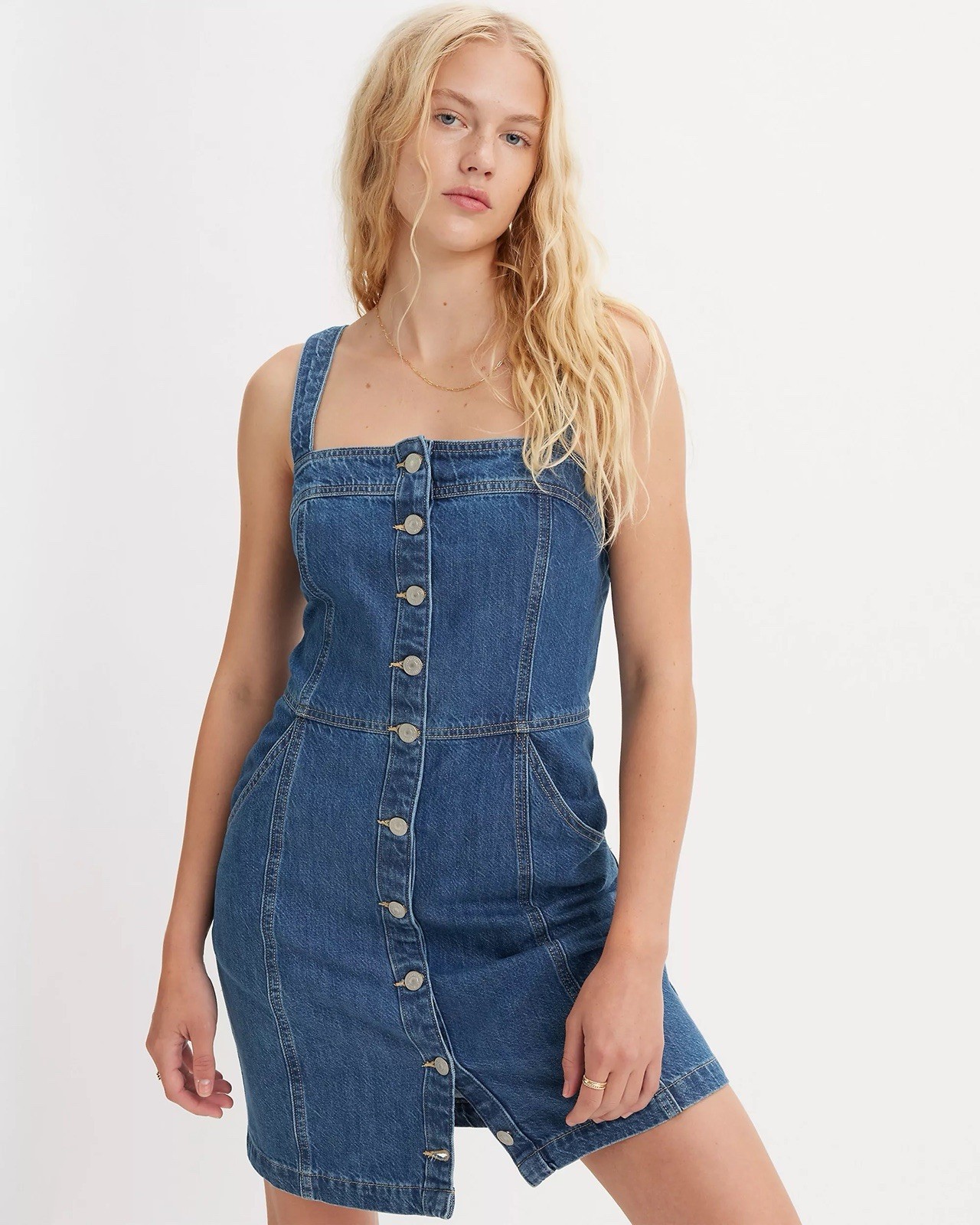 Levi’s SkirtAll Denim Button Smocked Mini Pinafore Dress Women’s Size Large