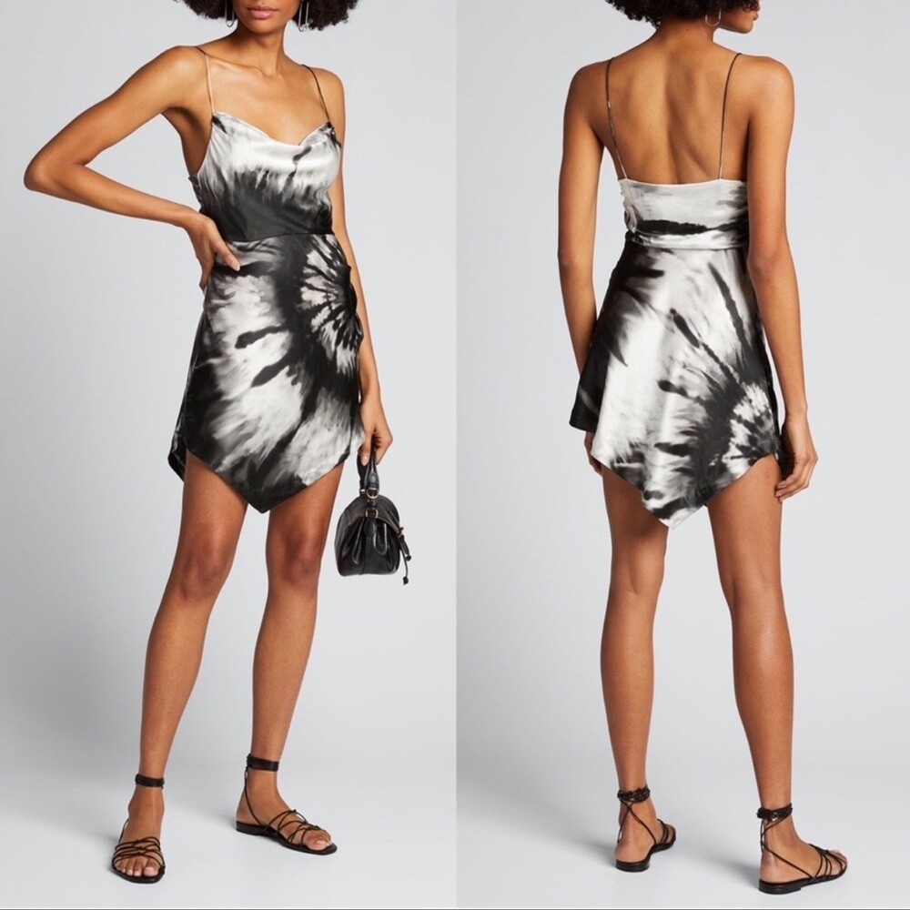 Retrofte Auris Draped Printed Silk Mini Dress Black Tye Die XL