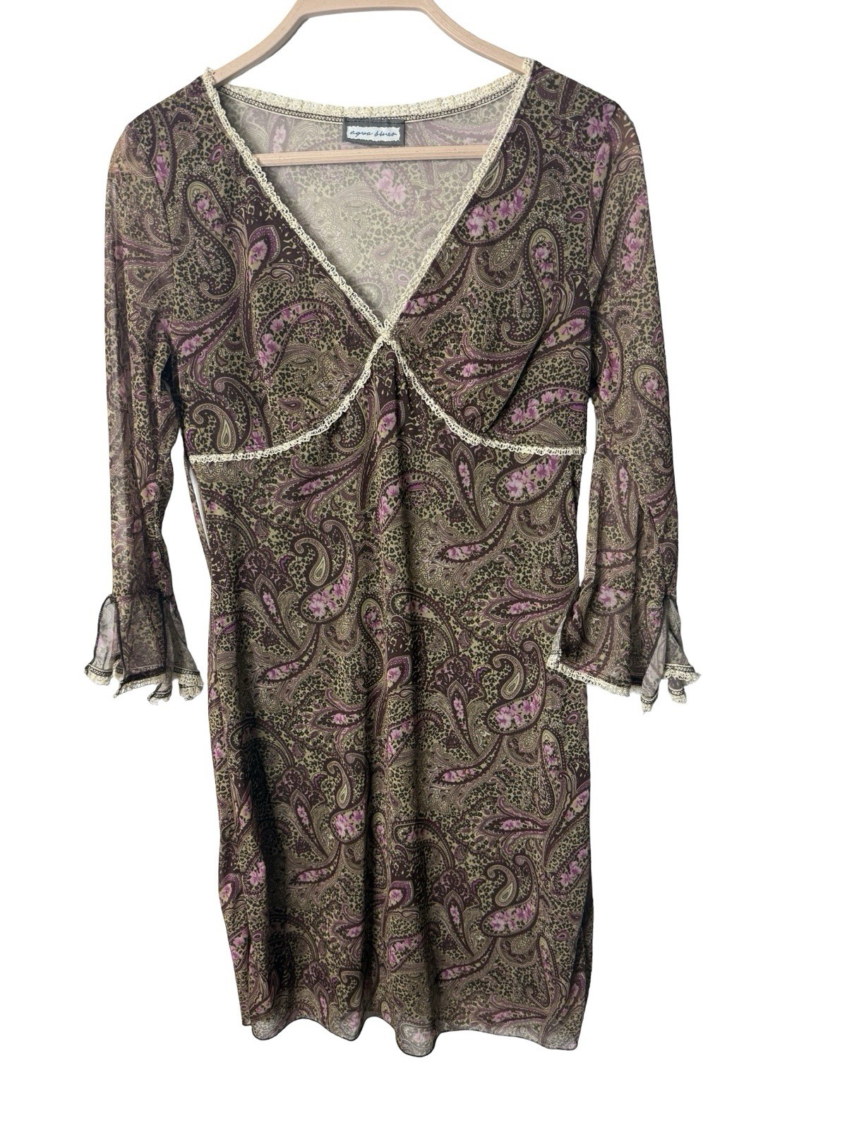 Y2K Fairy Grunge Whimsigoth brown Paisley Bell Sleeve Mesh Boho Mini