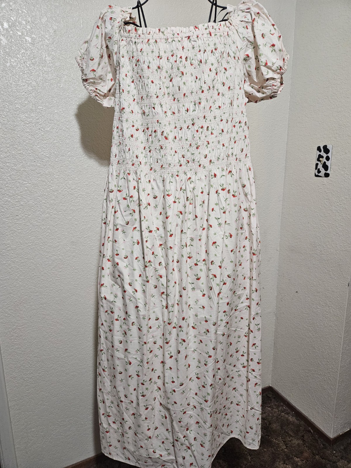 H&M Floral Smocked Long Puff Sleeve Dress, Square Neck, White/Red/Green, XXL