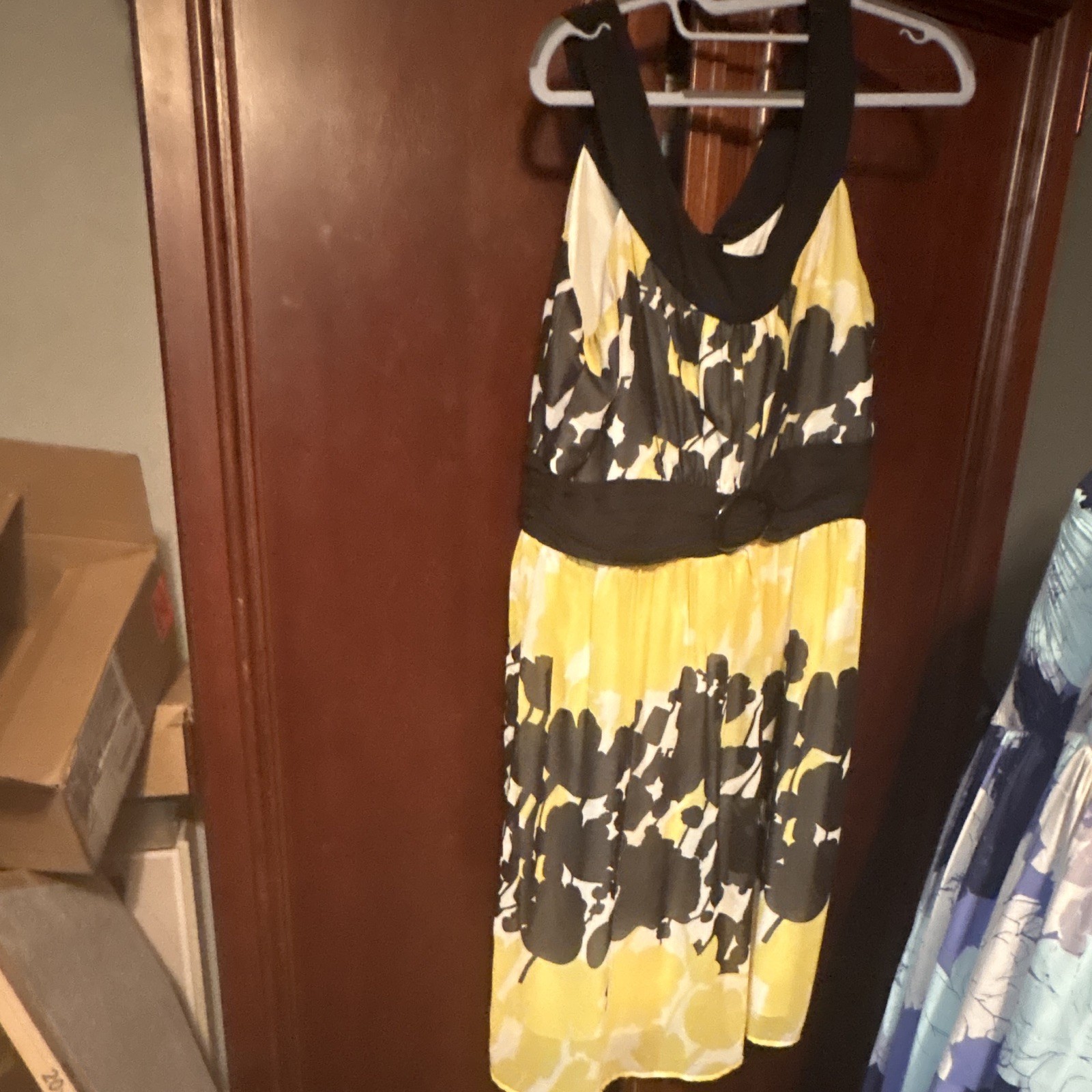 Cato washedWomen’s Yellow Black White Floral Halter Sleeveless Knee Length Dress