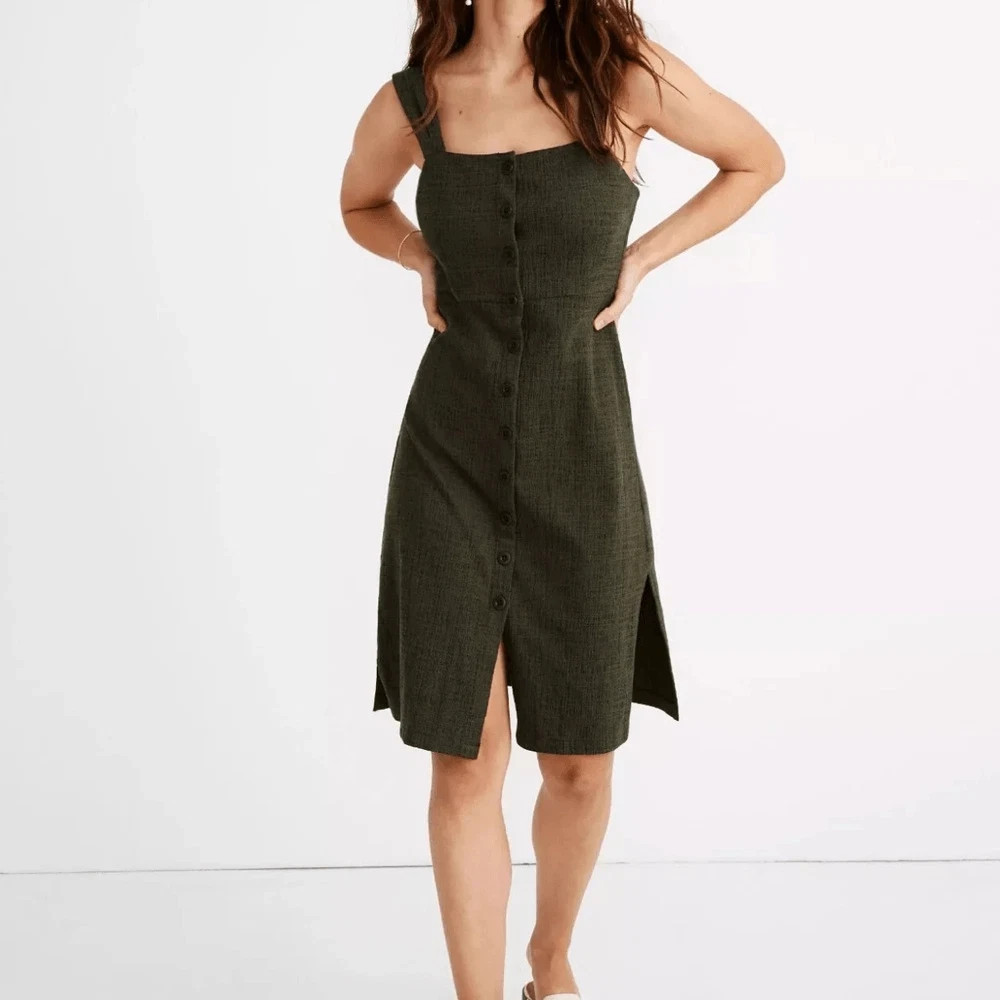 Madewell Texture & Thread Button-Front Tank Dress in Olive Green Size Medium