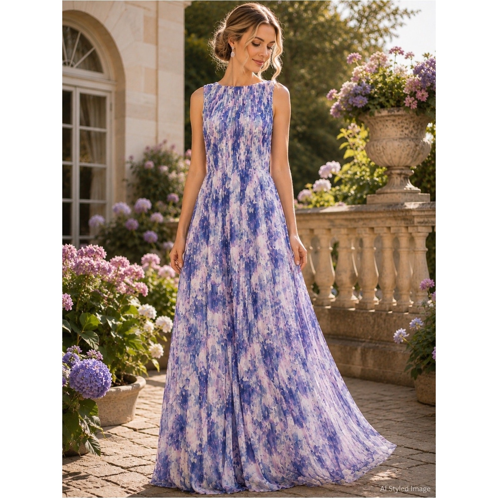 Kay Unger Luisa Floral Pleated Gown Size 2 Watercolor Chiffon Formal Dress NWT