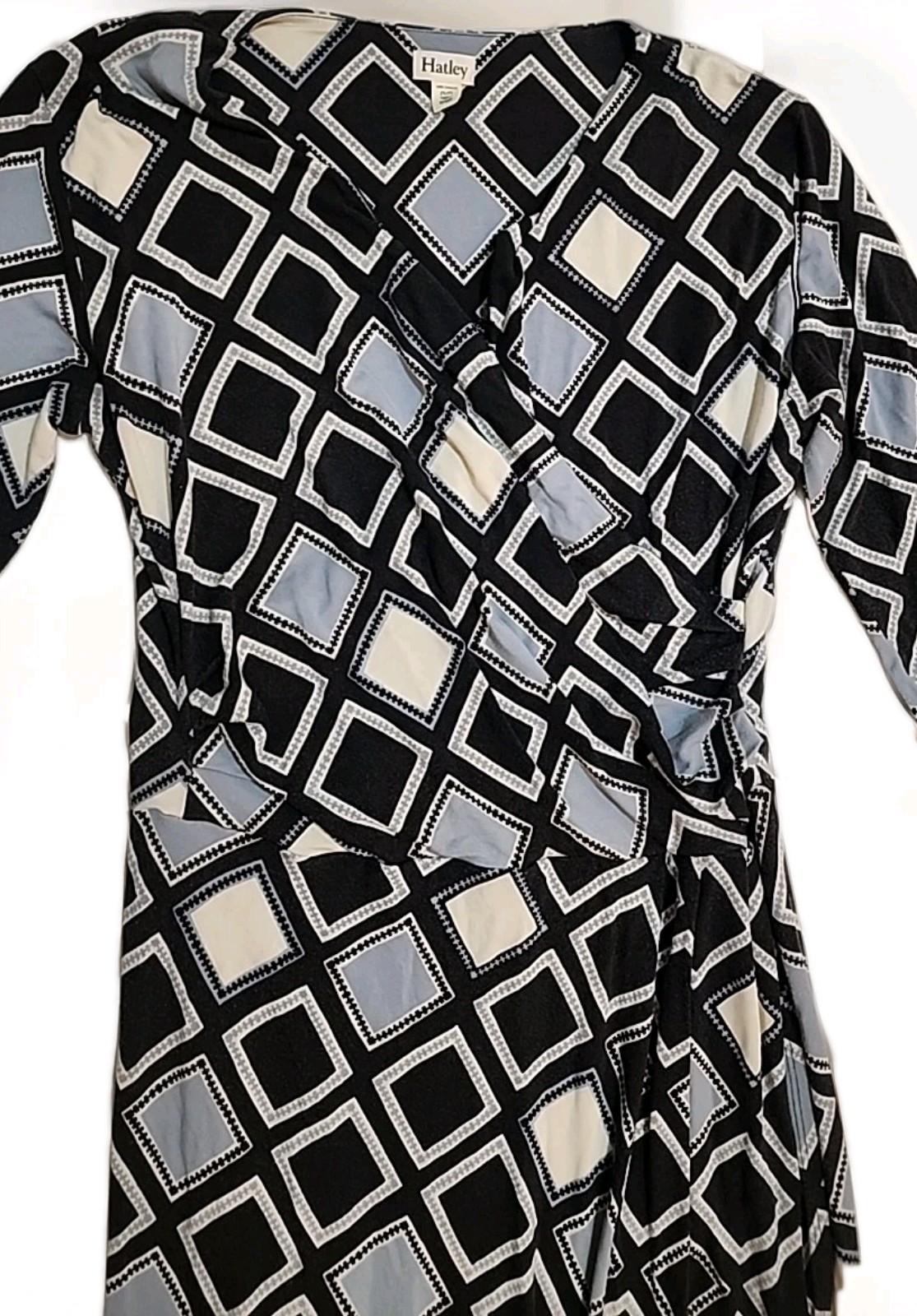 Hatley Faux Wrap Dress size Medium Geometric Print Navy Blue Stretch R1