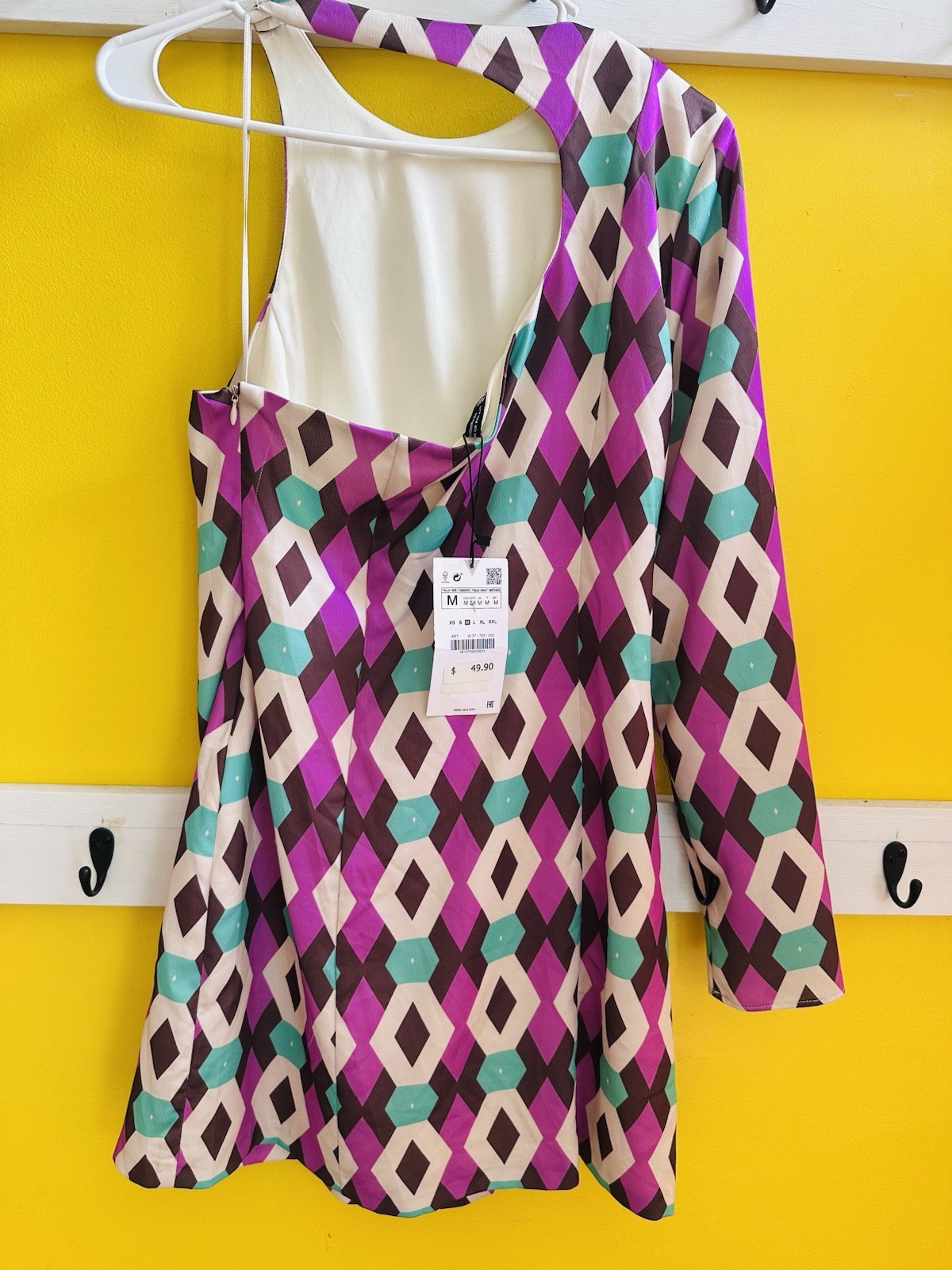 Zara satin effect print mini dress one shoulder Sz S NWT pink green brown cream
