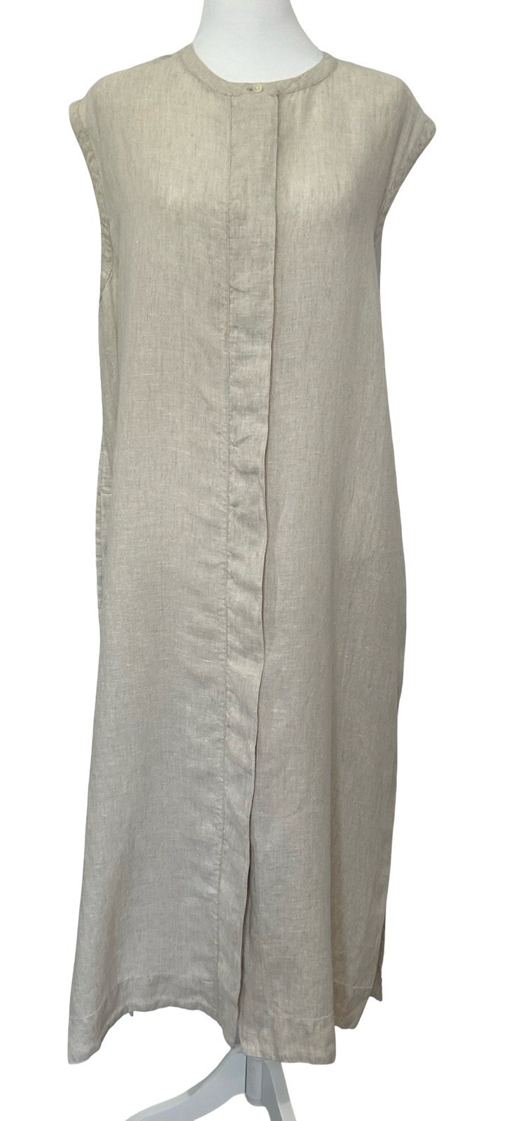 J.Crew 100% Linen Maxi Shift Dress XL Beige Sleeveless Hidden Button Lagenlook