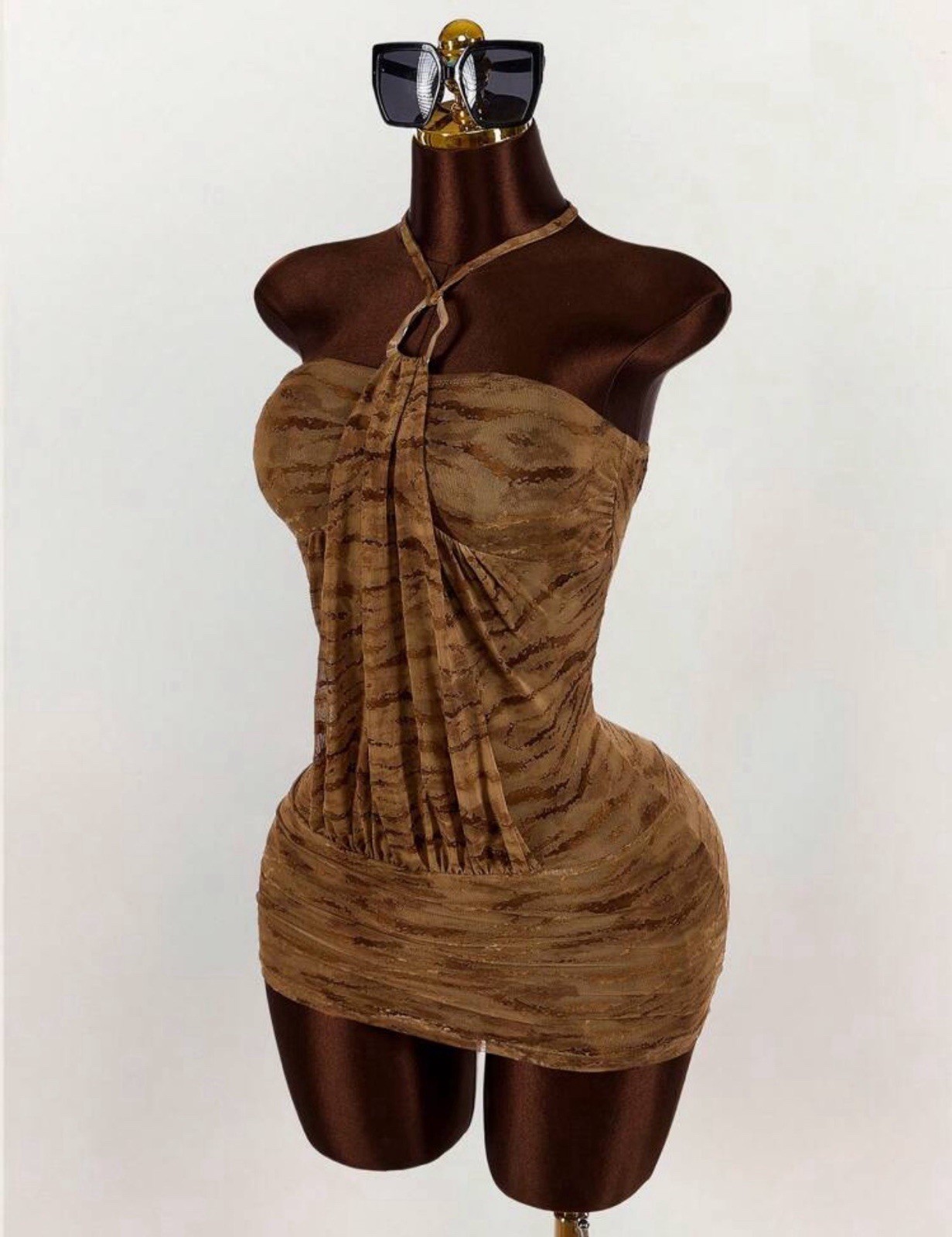 Women’s Brown Halter Ruched Mesh Stretch Bodycon Mini Dress Size S