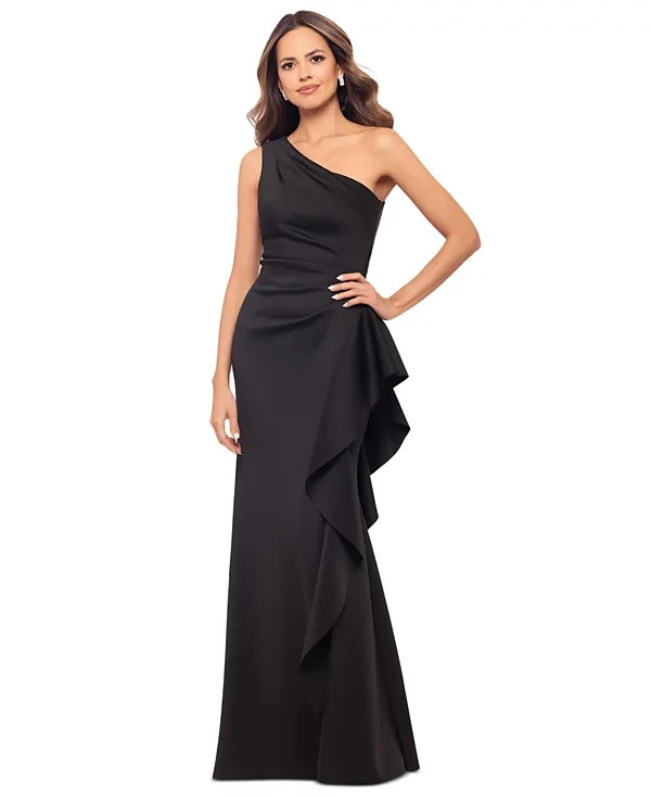 Xscape Black One-Shoulder Scuba Ruffle Gown Size 14W $269