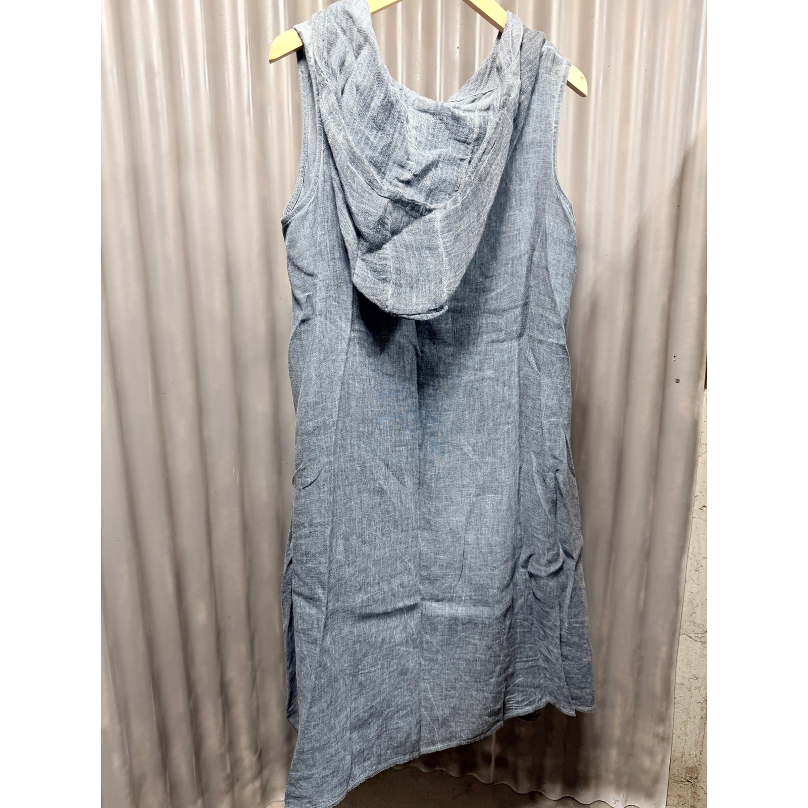 Inizio 100% Natural Linen Dress Medium M Blue Slate Hooded Button Front Maxi