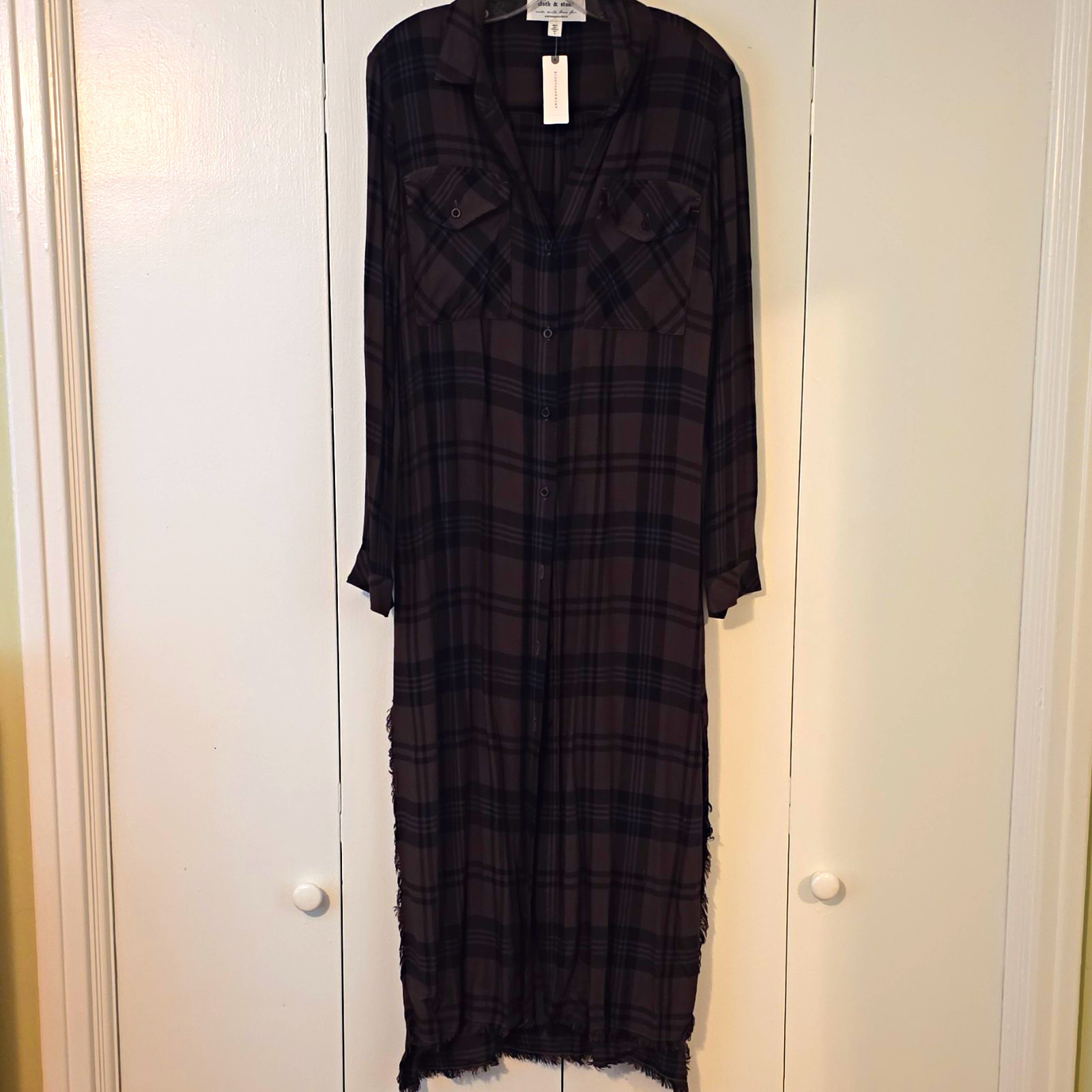 Cloth & Stone Plaid Shirt Dress Brown Black Collared Button Long Sleeve M C6842