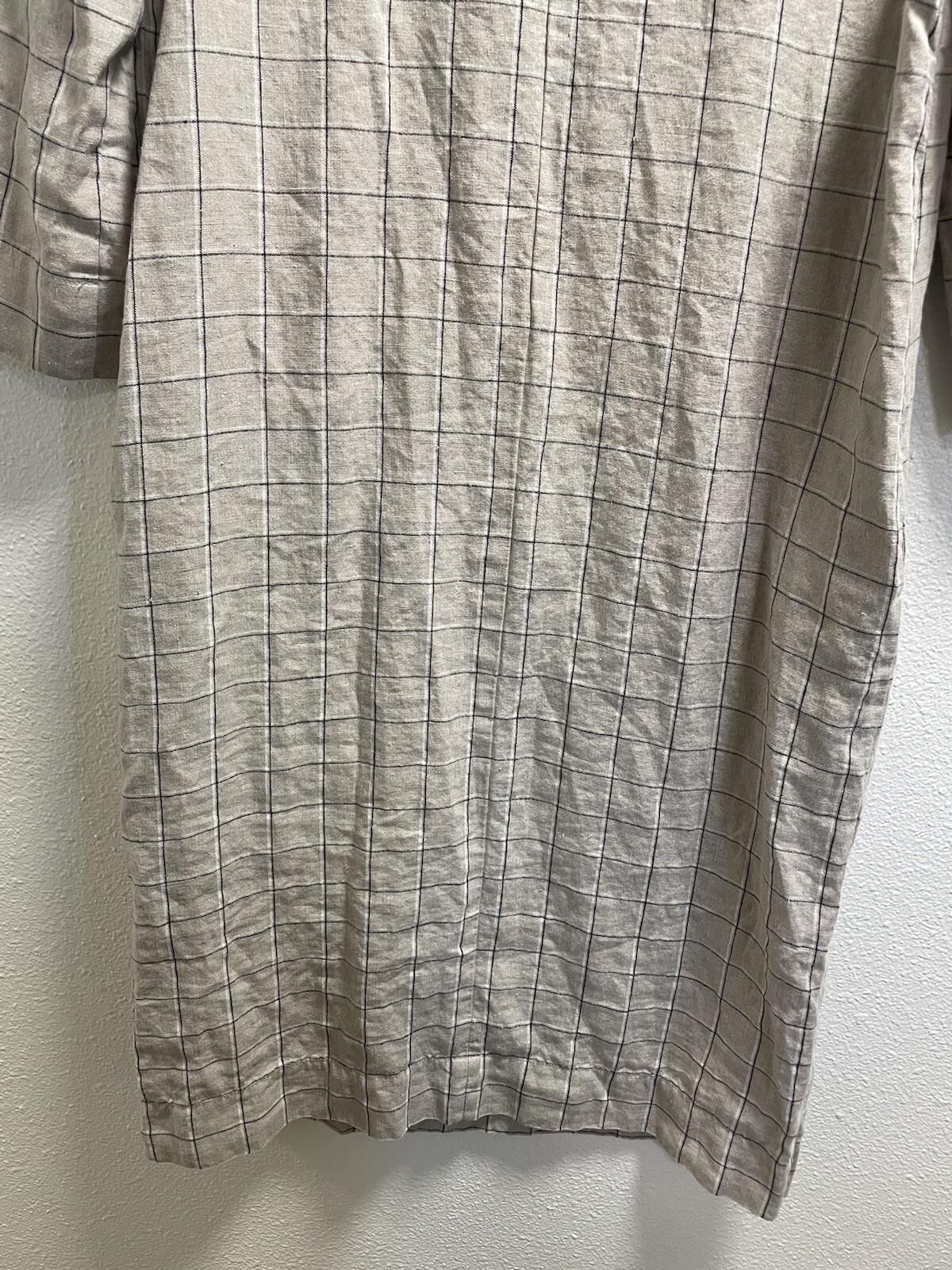 Linenfox Checkered Linen Shift Dress Short Sleeve Pockets Lagenlook Tan XL