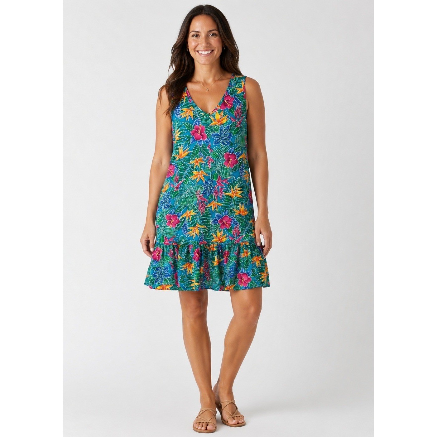 Vintage Hilo Hattie Hawaiian Tropical Floral Dress Ruffle Hem Cotton Teal XL