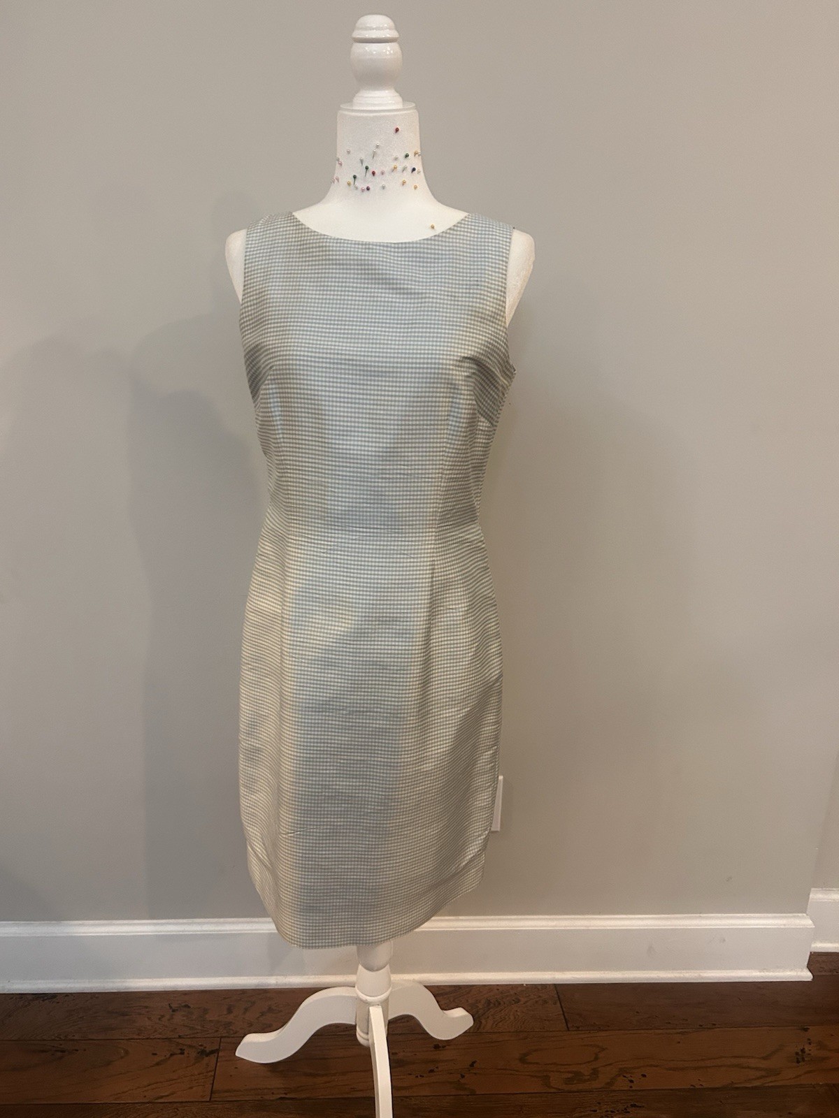 Talbots Blue/White Gingham Silk Boat Neck Sleeveless Lined Sheath Dress 6