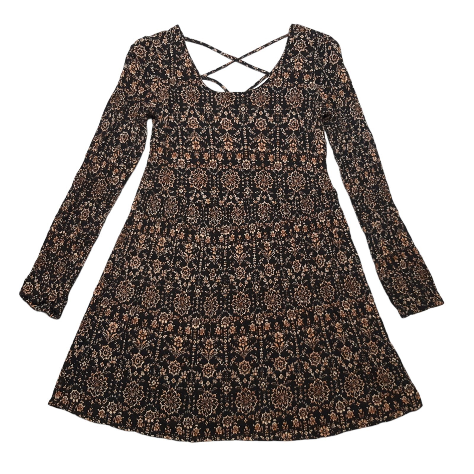 Forever 21 Dress Womens Juniors Small Brown Floral Long Sleeve Crisscross Mini