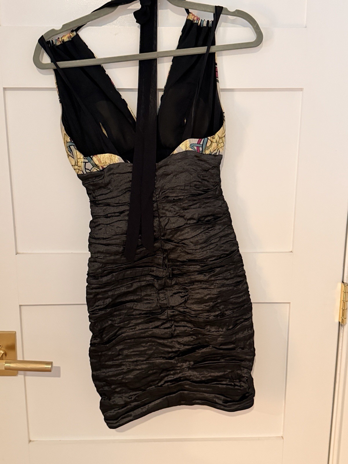 Black Multicolor Abstract Ruched Sleeveless V-Neck Tie Bodycon Short Dress