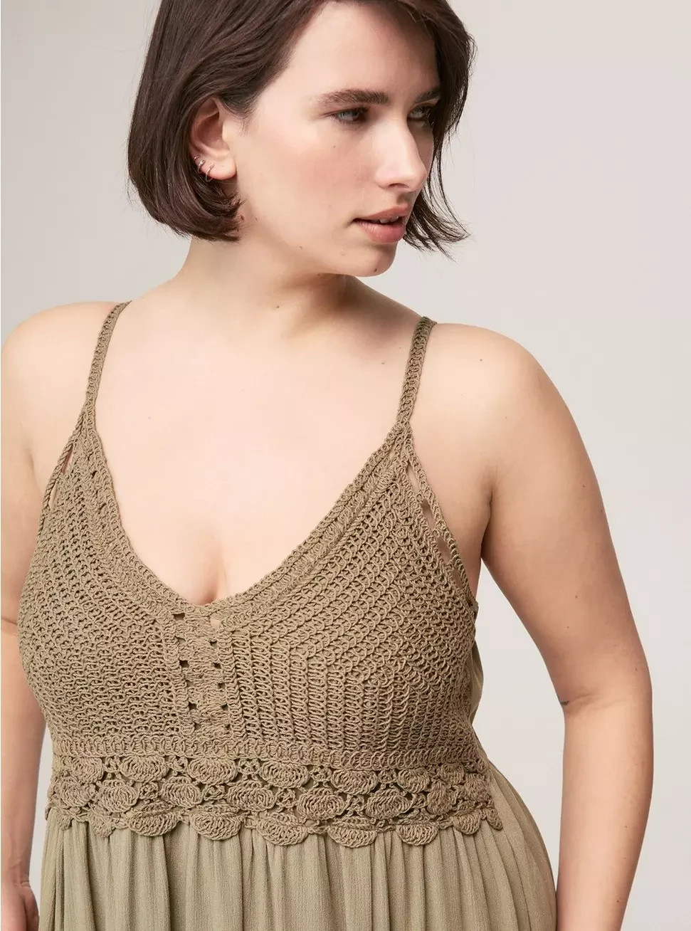 Torrid Plus 2X Festi Crochet Bodice Maxi Dress Sleeveless Pockets Olive Boho NWT