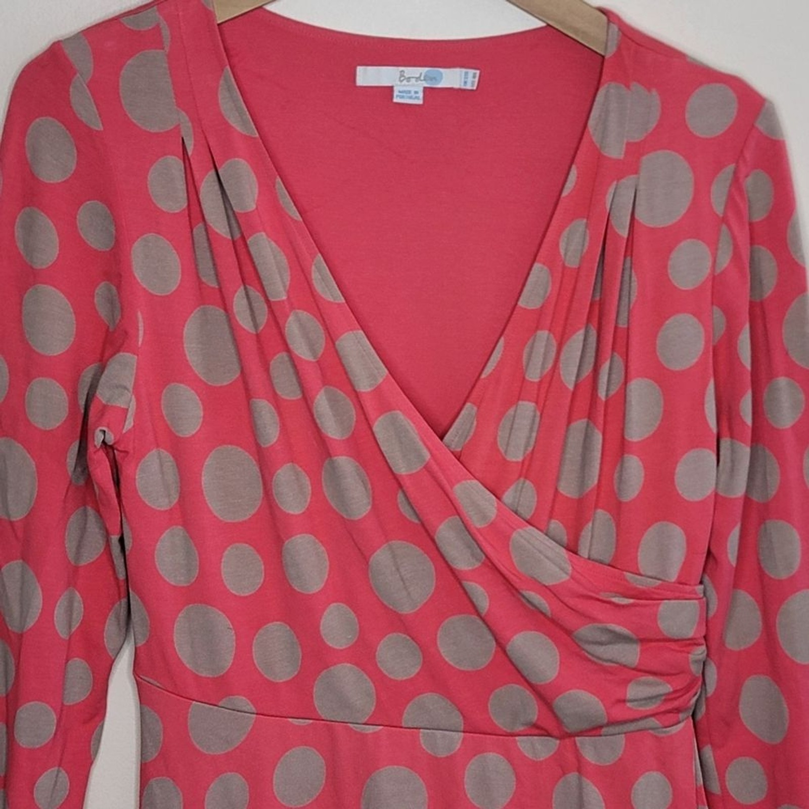 Boden Coral & Beige Polka Dot Surplice Crossover Bust Dress Size US 8R Whimsy