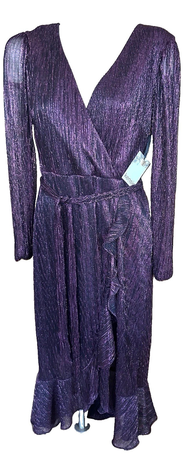 Ruffle Faux Wrap Dress Women Dazzle Sparkle Glitter Cocktail Sheer Metallic