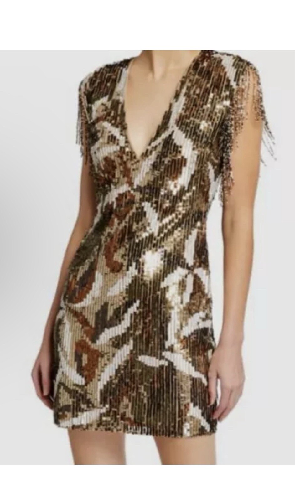 Jay Godfrey San Jose Gold Choc Bronze V-Neck Bead Fringe Mini Party Dress 10 NEW