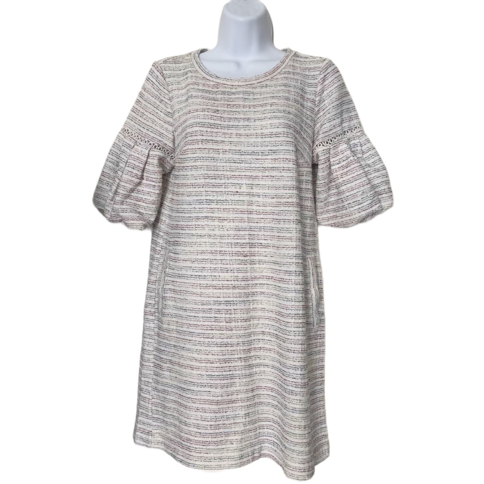 LOFT Cream Striped Scoop Neck Puff-Sleeve Mini Dress Size S