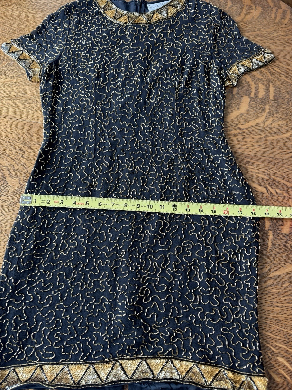 AJ Bari Mini Dress Size 12 Sequin 100% SILK Black and Gold Beaded Vintage