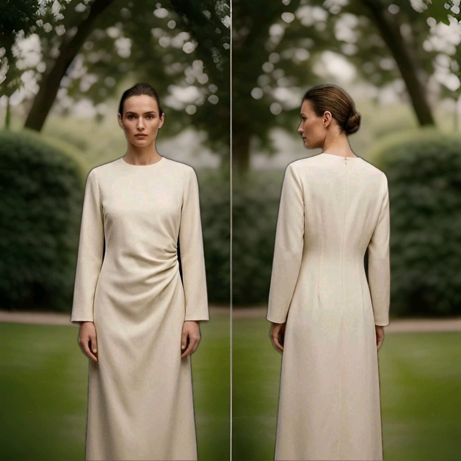ZARA Women’s Cream Ivory Long Sleeve Ruched Midi Dress Size Small