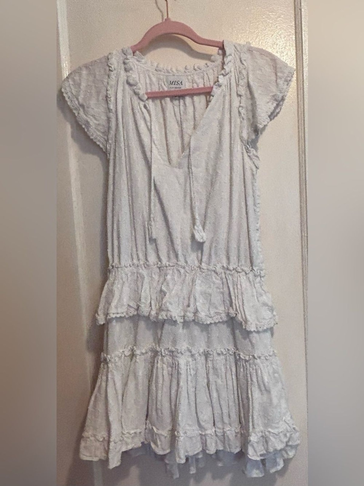 MISA Los Angeles Lilian Dress White Textured Ruffle Mini Dress Size L