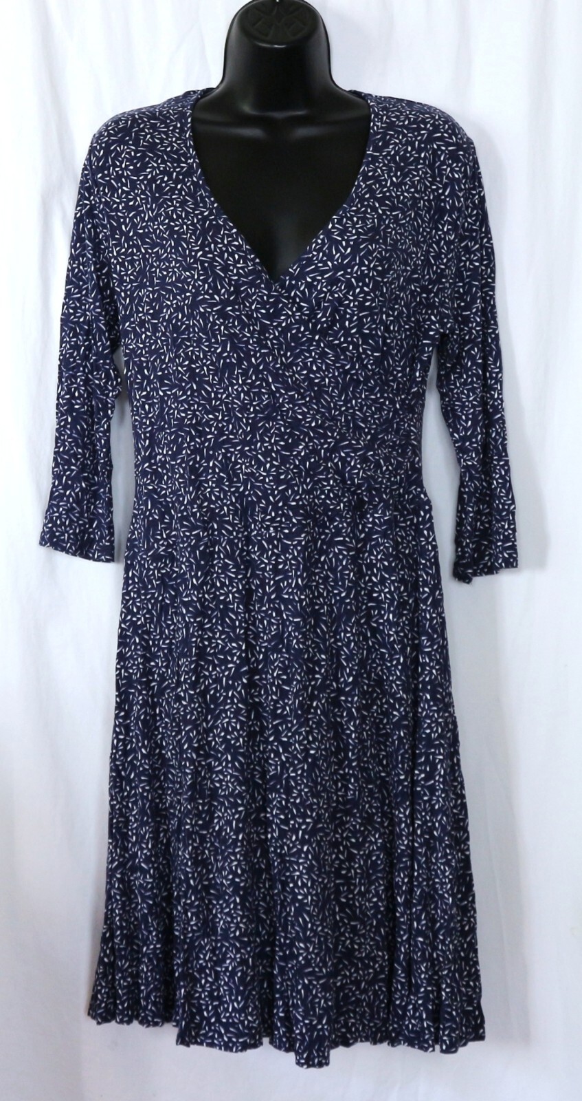 GARNET HIill Navy Prnt Brianna Surplice Knit Drs 34 In Chest 38 In Long Sz M EXC