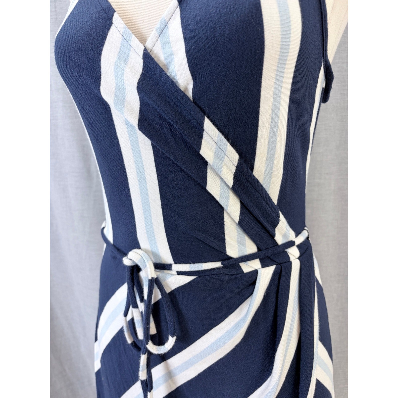 41 Hawthorn Navy Blue White Striped Sleeveless Faux Wrap Tulip Hem Dress PM