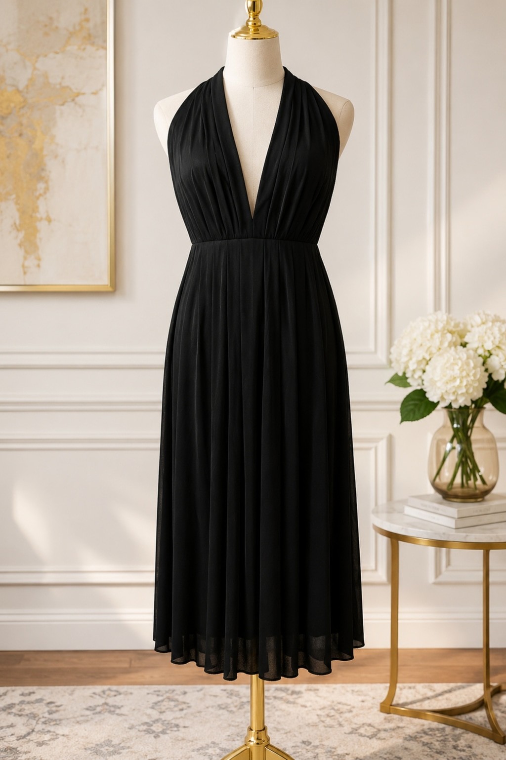 Moda International Victoria’s Secret Black Silk Trim Halter Pleated Midi Dress 4