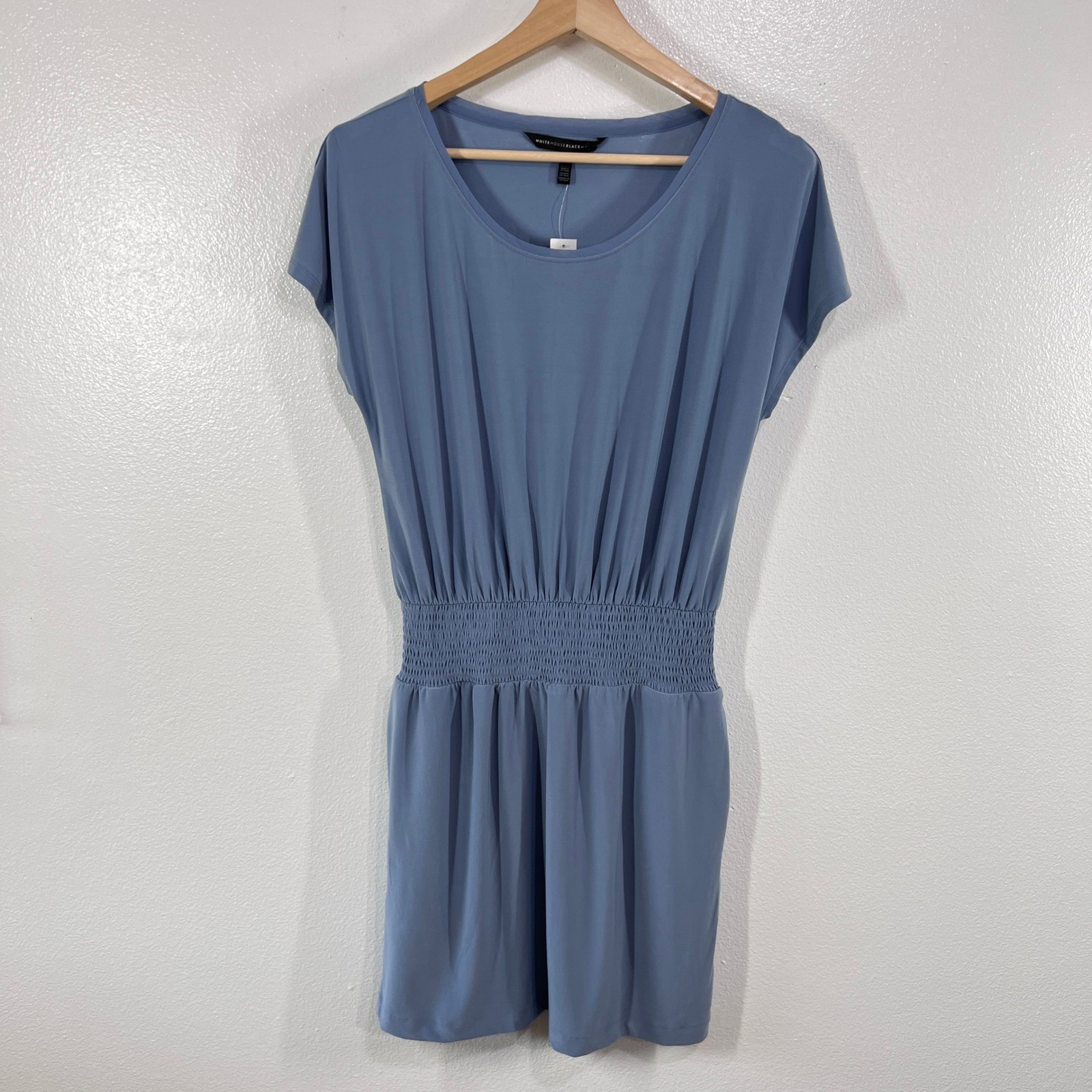 White House Black Market Light Blue Smocked Waist Dress Small Cap Sleeves Midi