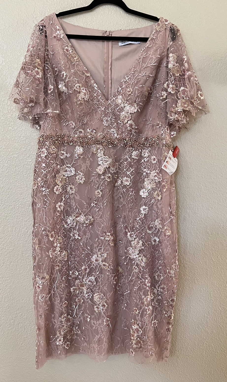 New Mac Duggal EMBELLISHED ILLUSION BUTTERFLY SLEEVE COCKTAIL DRESS Rose Pink 16