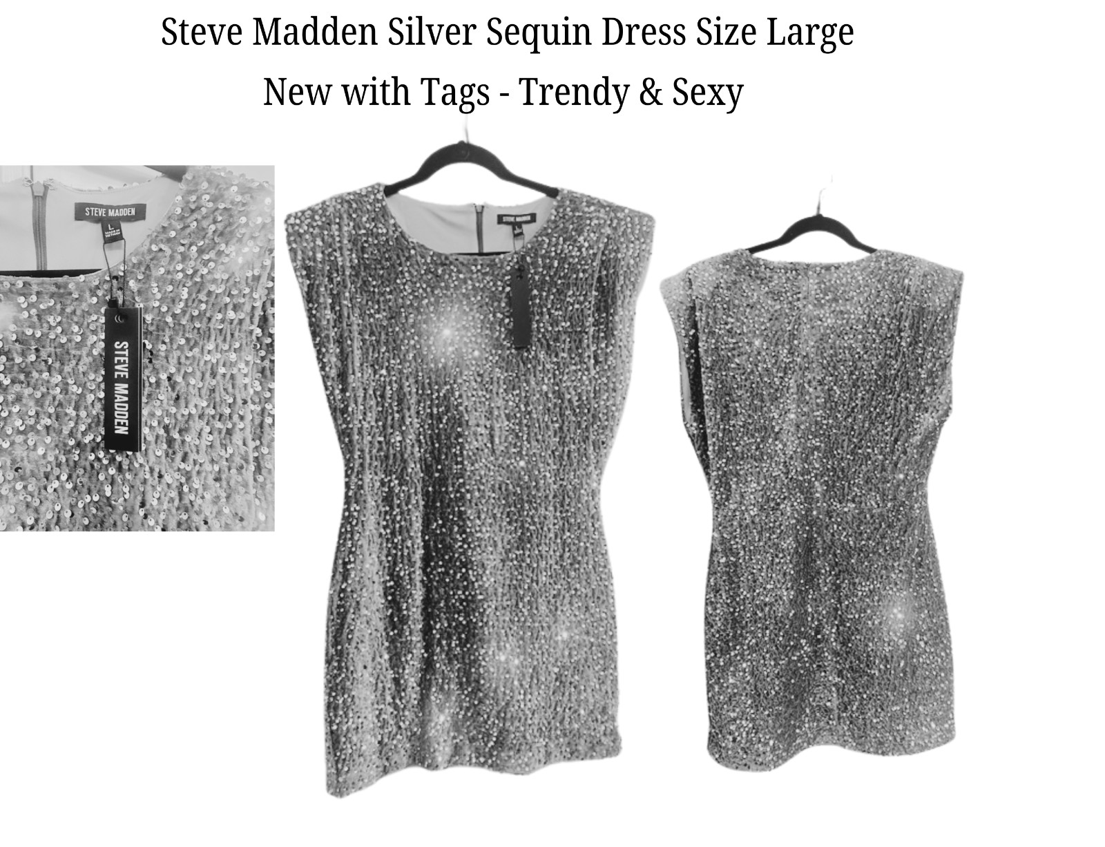 Steve Madden Astoria Sequin Women’s Junior’s Mini Dress NWT Silver / Grey Large