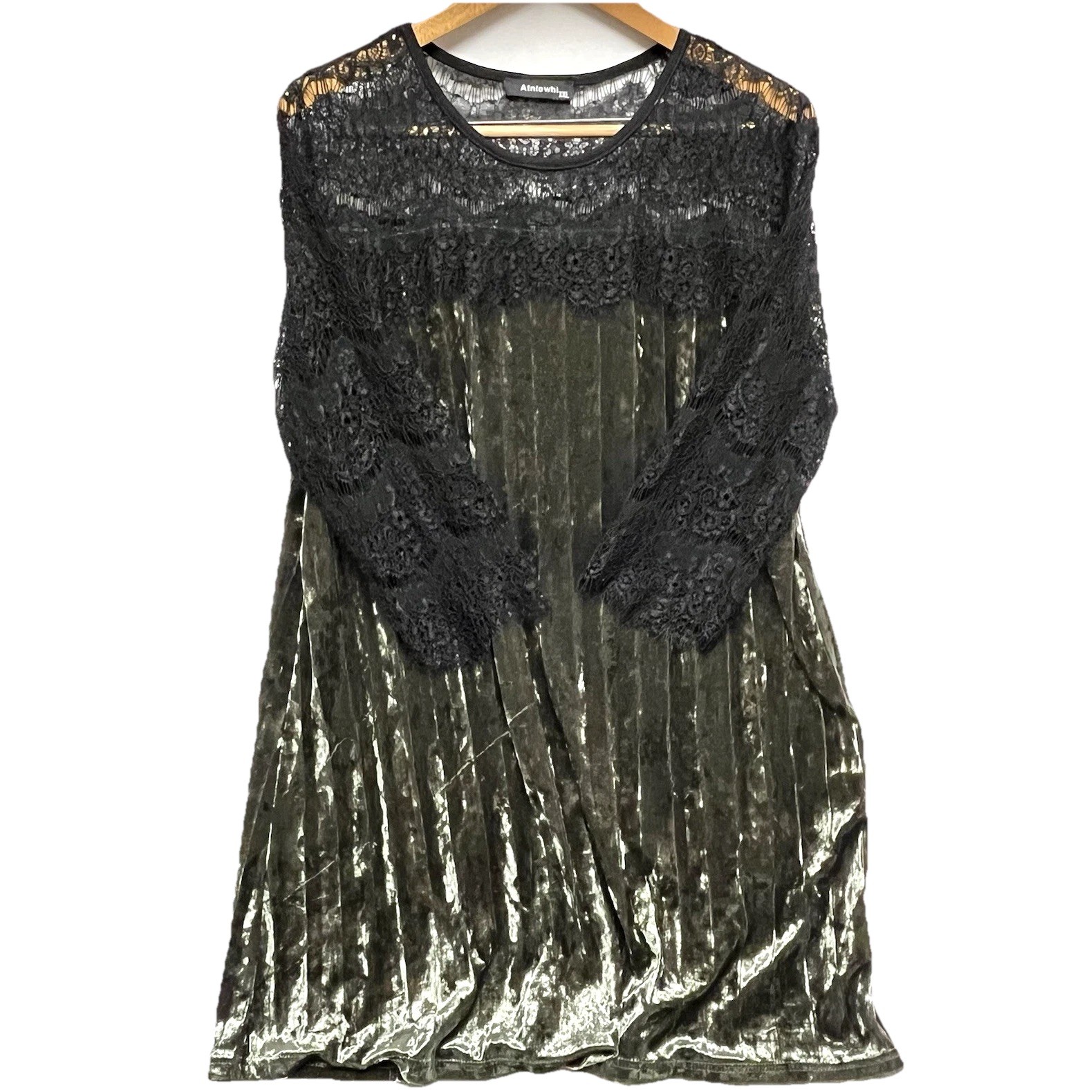 2xl Women’s Green Olive Velvet Mini Dress W/ Black Lace Sleeves XXL (33″ Length)