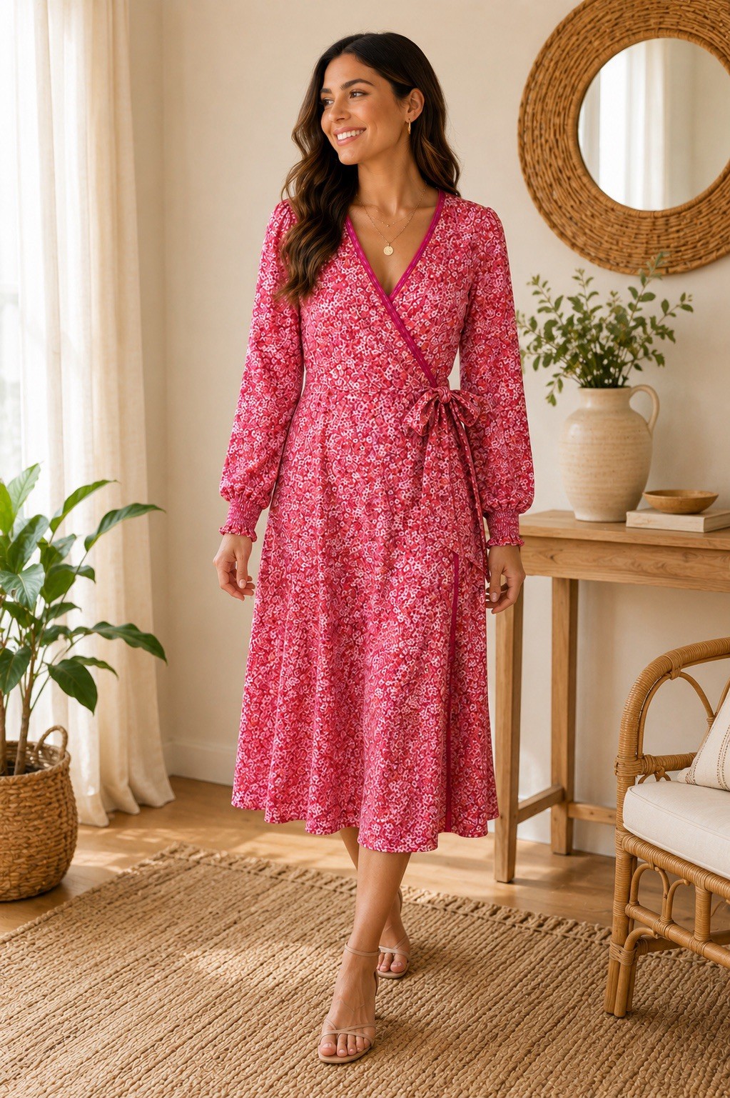 MAX Studio Floral Wrap Midi Dress Women’s Medium Pink Long Sleeve NWT
