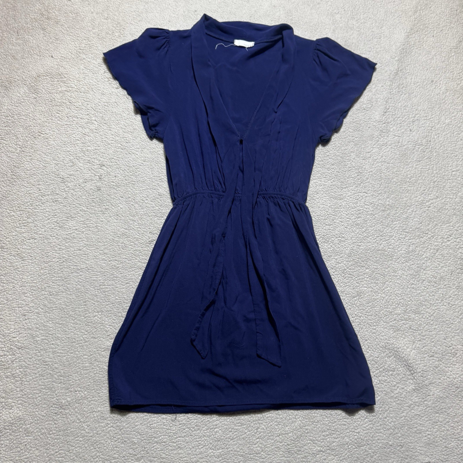 Everly Dress Womens Small Navy Blue Short Flutter Sleeve V-Neck Stretch Waist