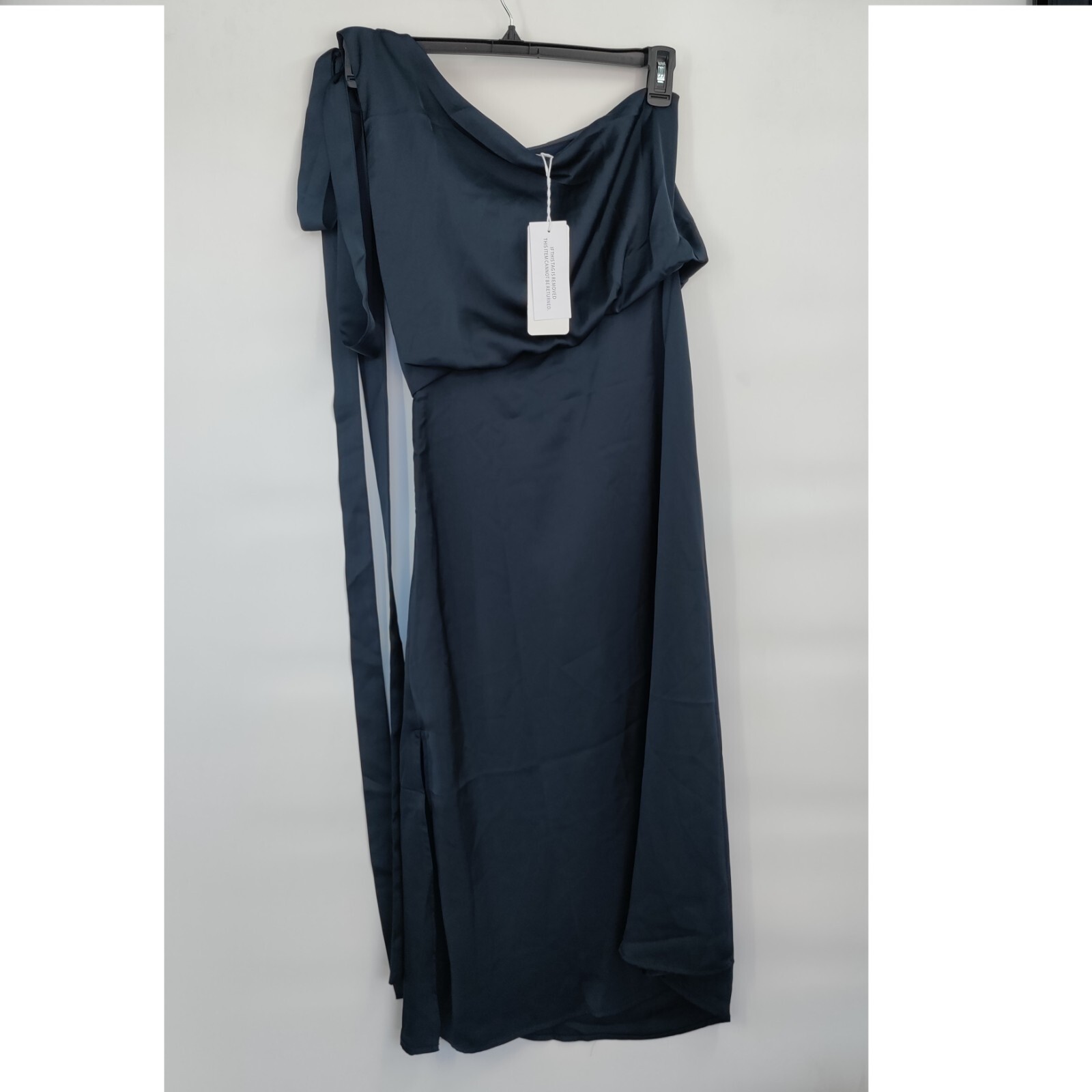 New Amylynn Satin One Shoulder Tie Sash Asymmetrical Midi Dress Small Women Blue
