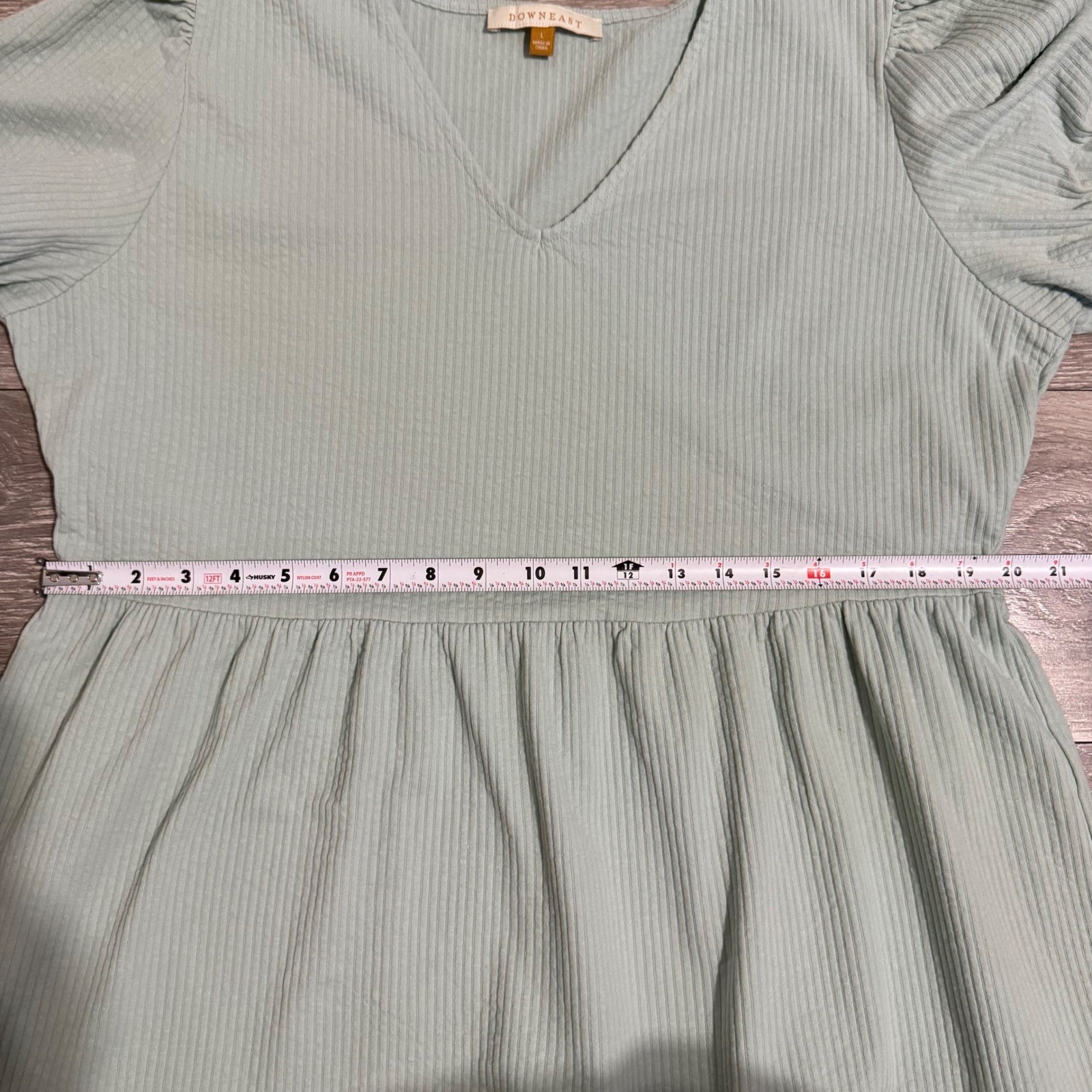 Downeast Cotton Blend Dress Size L Sage Green Ribbed Tiered Babydoll Mini Dress